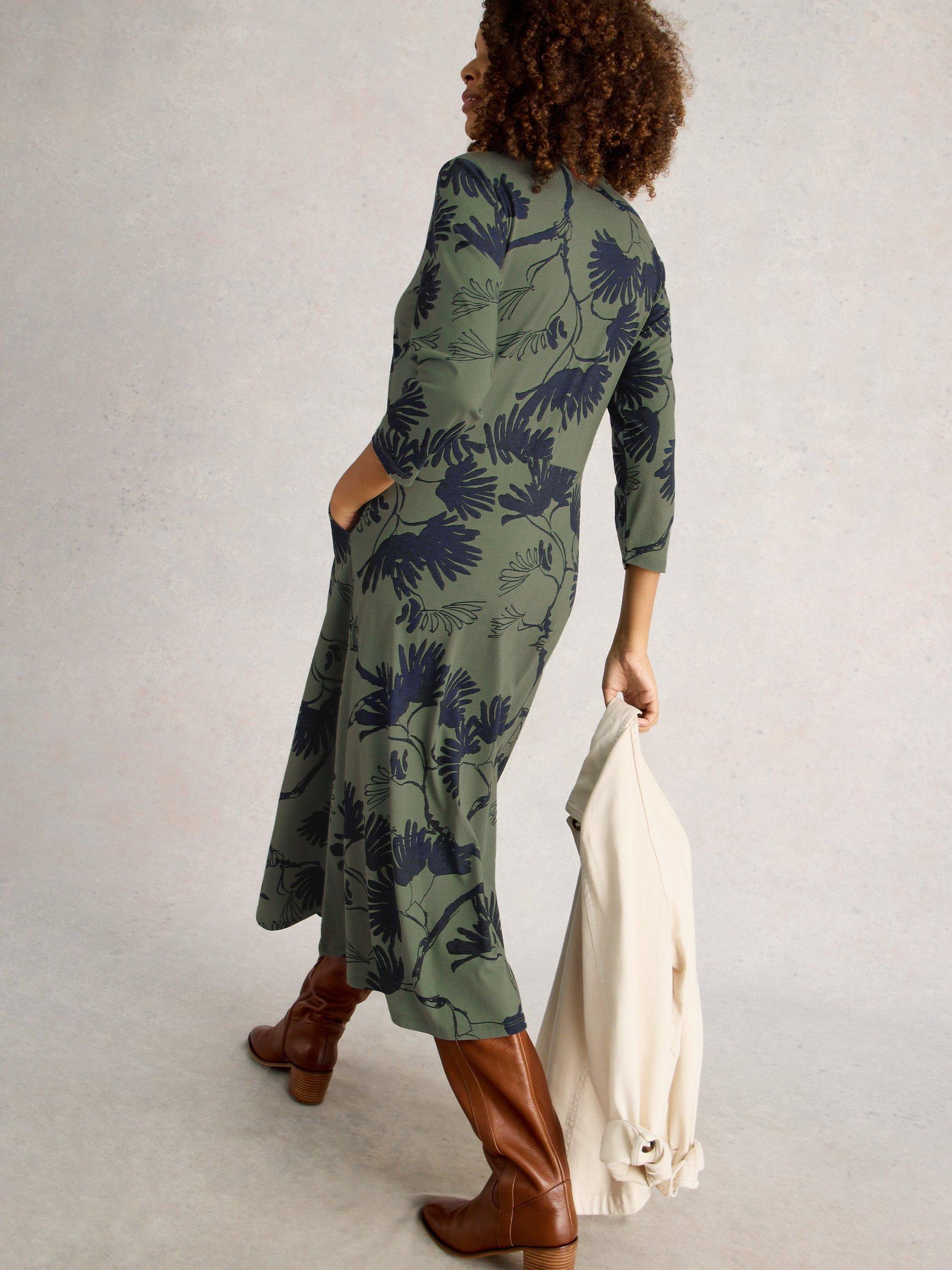 Product image 2 of 6, which shows White Stuff Rua Leaves Jersey Shirt Dress, Green/Multi, 6