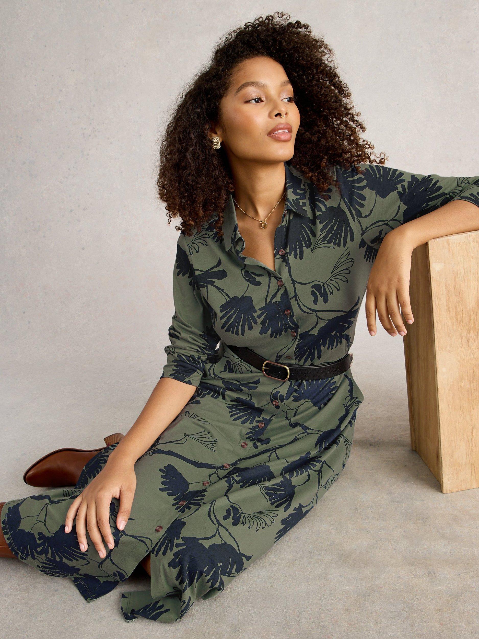 Product image 4 of 6, which shows White Stuff Rua Leaves Jersey Shirt Dress, Green/Multi, 6