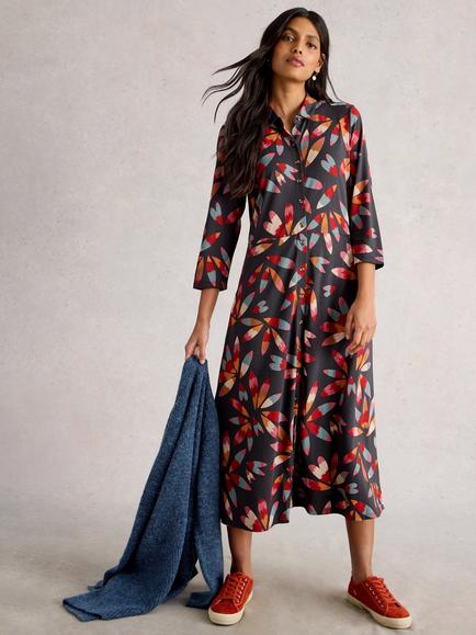 White Stuff Rua Abstract Cotton Blend Midi Shirt Dress, Grey/Multi