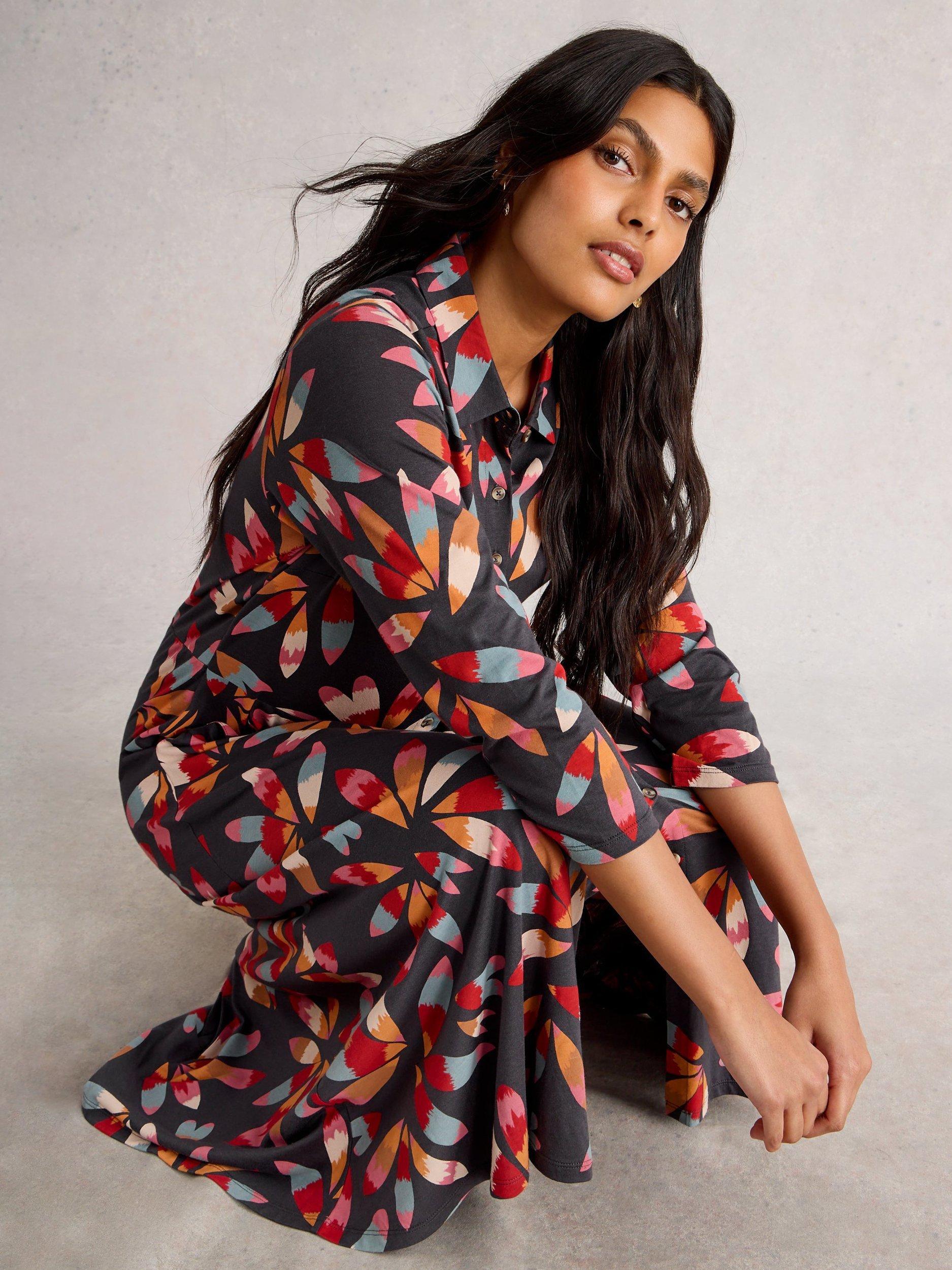 Product image 3 of 6, which shows White Stuff Rua Abstract Cotton Blend Midi Shirt Dress, Grey/Multi, 8