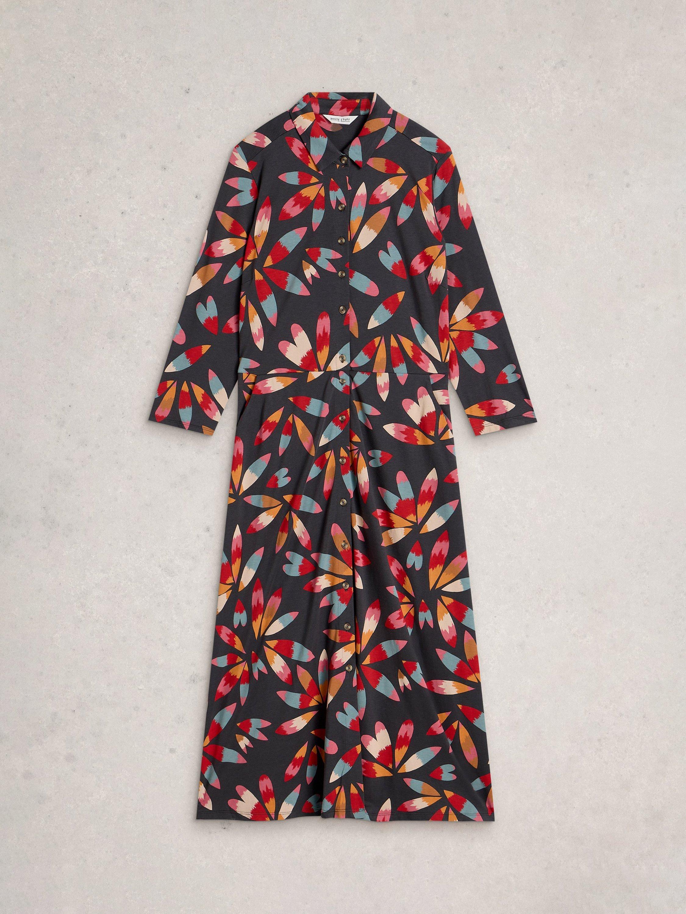Product image 5 of 6, which shows White Stuff Rua Abstract Cotton Blend Midi Shirt Dress, Grey/Multi, 8