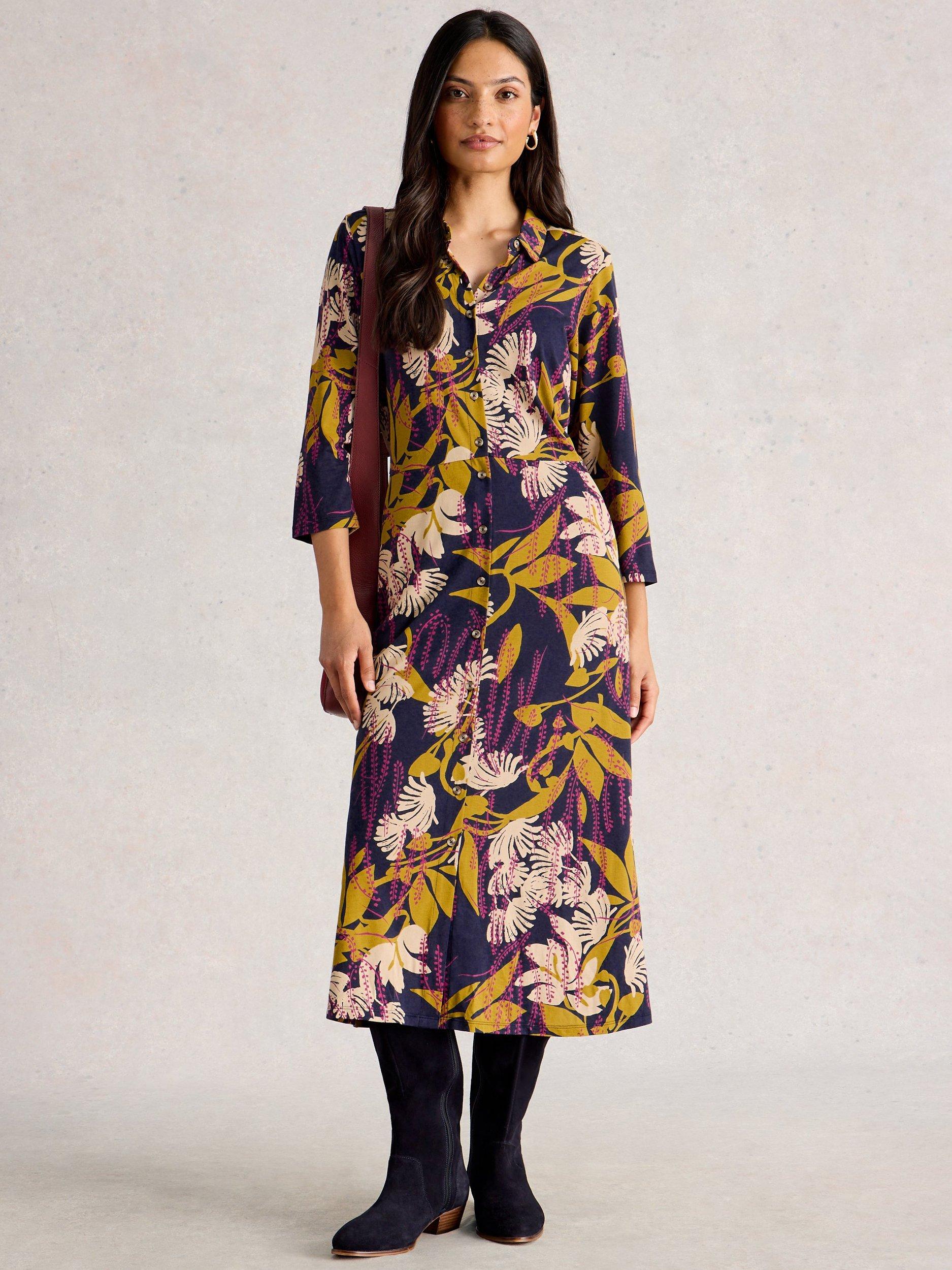 Product image 1 of 6, which shows White Stuff Rua Jersey A-Line Midi Shirt Dress, Navy/Multi, 6