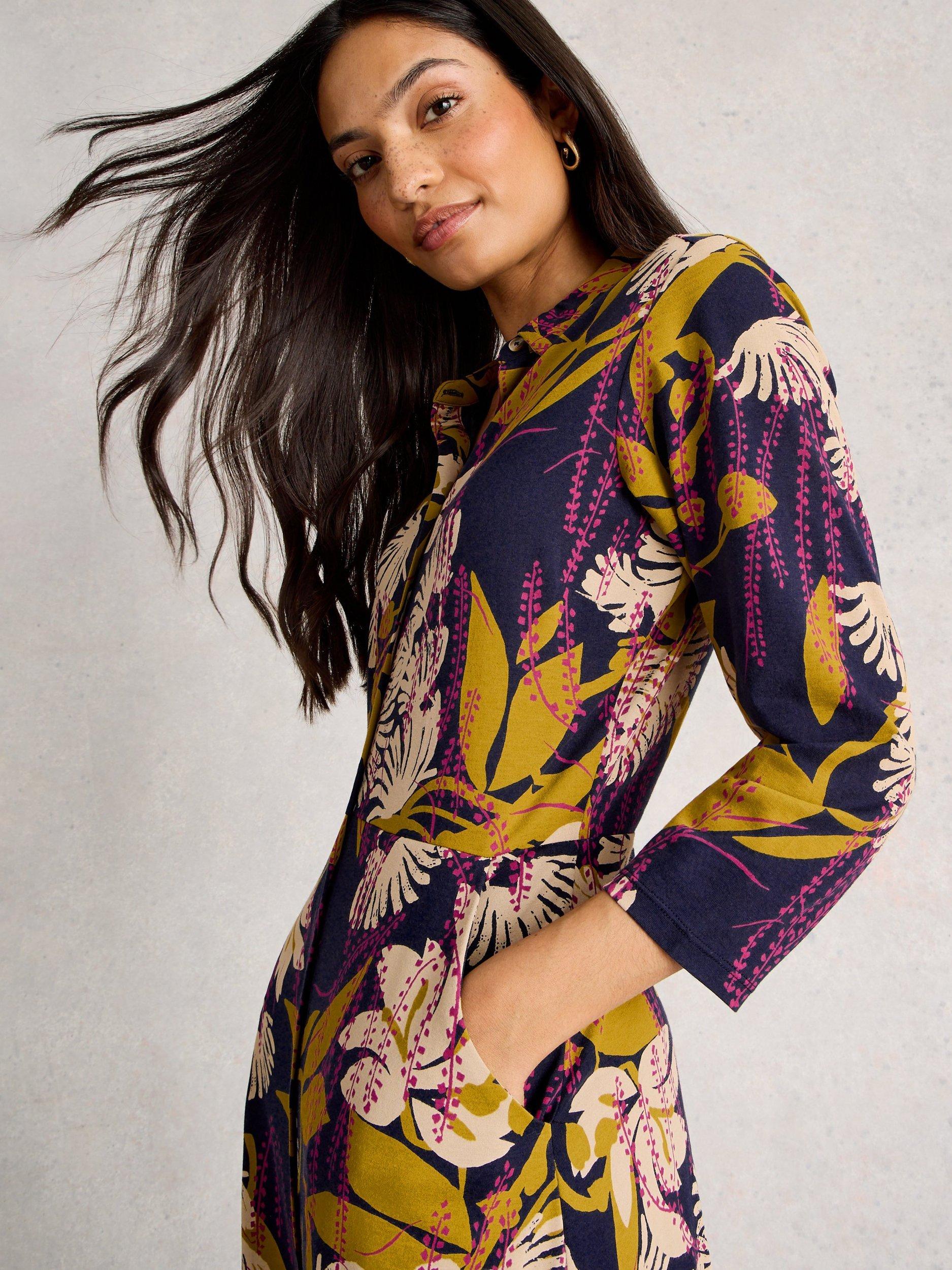 Product image 3 of 6, which shows White Stuff Rua Jersey A-Line Midi Shirt Dress, Navy/Multi, 6