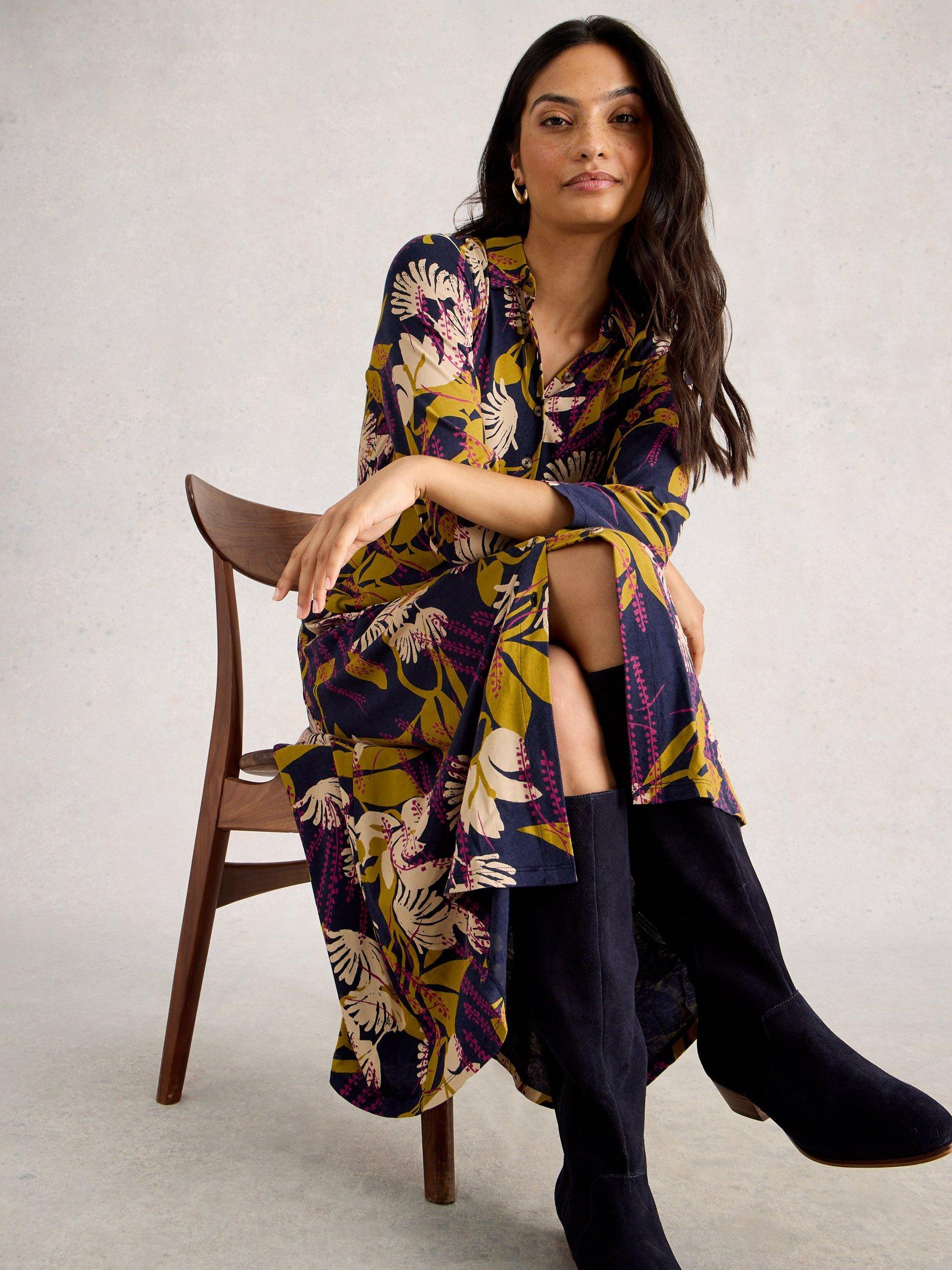 Product image 4 of 6, which shows White Stuff Rua Jersey A-Line Midi Shirt Dress, Navy/Multi, 6