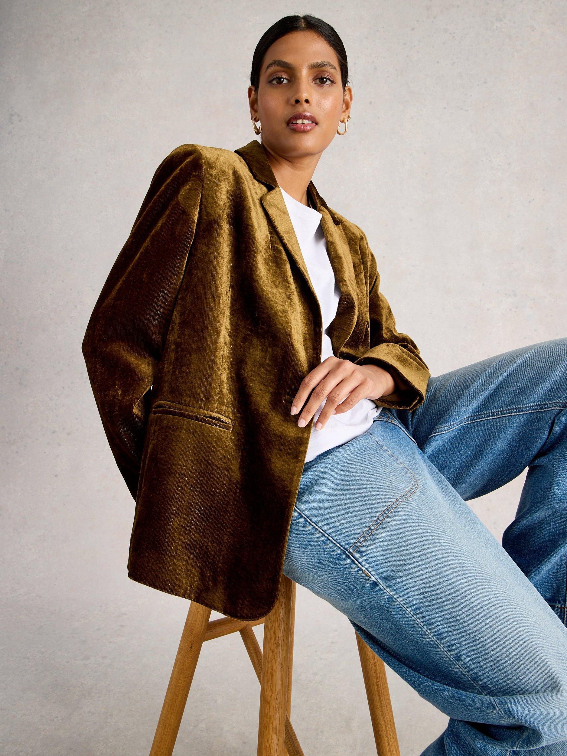 Product image 4 of 6, which shows White Stuff Evelyn Velvet Single-Breasted Blazer , Dk Chart, 6