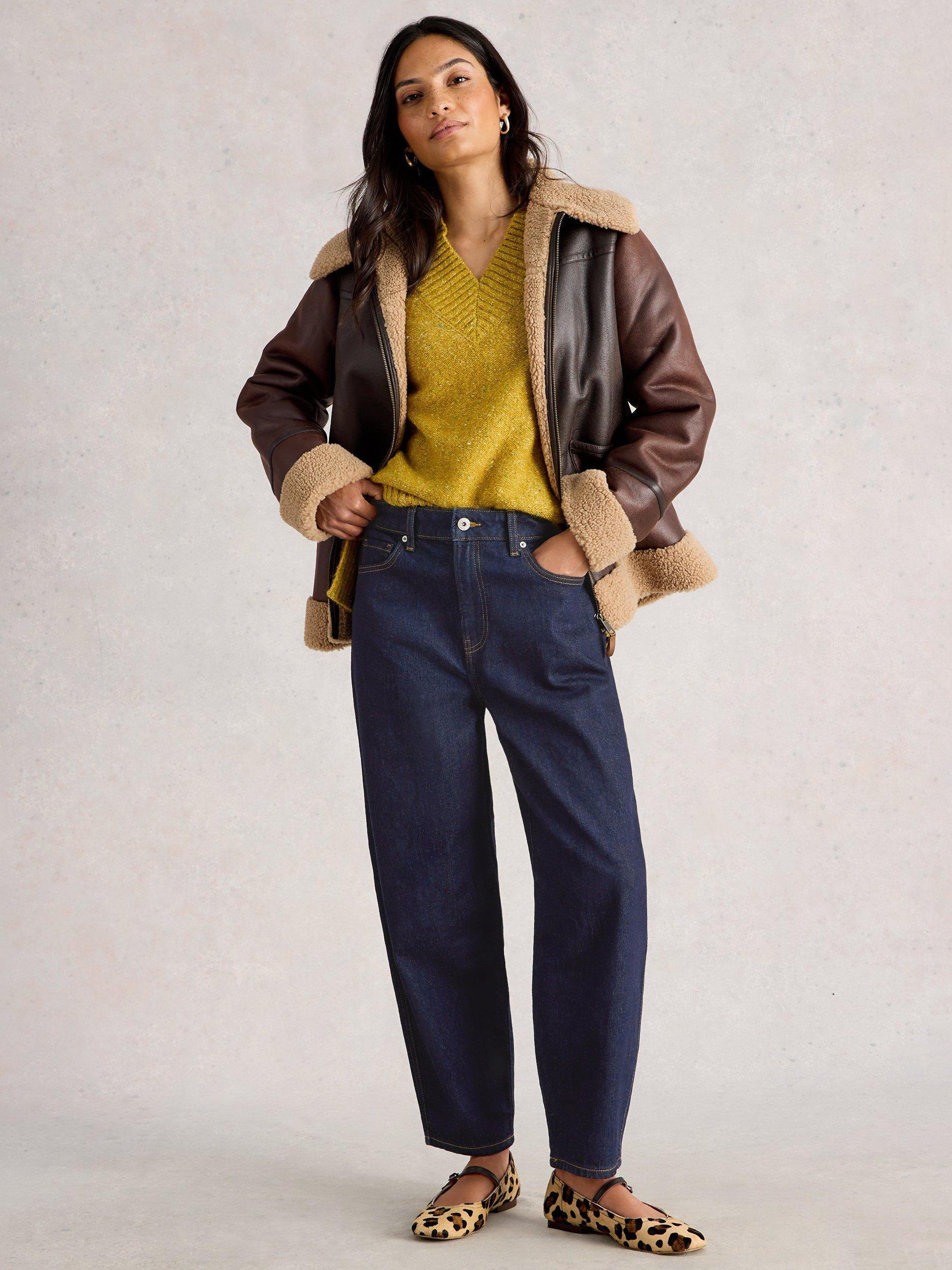 Product image 1 of 6, which shows White Stuff Aubrey Cotton Blend Barrel Cut Jeans, Dark Blue, 6S