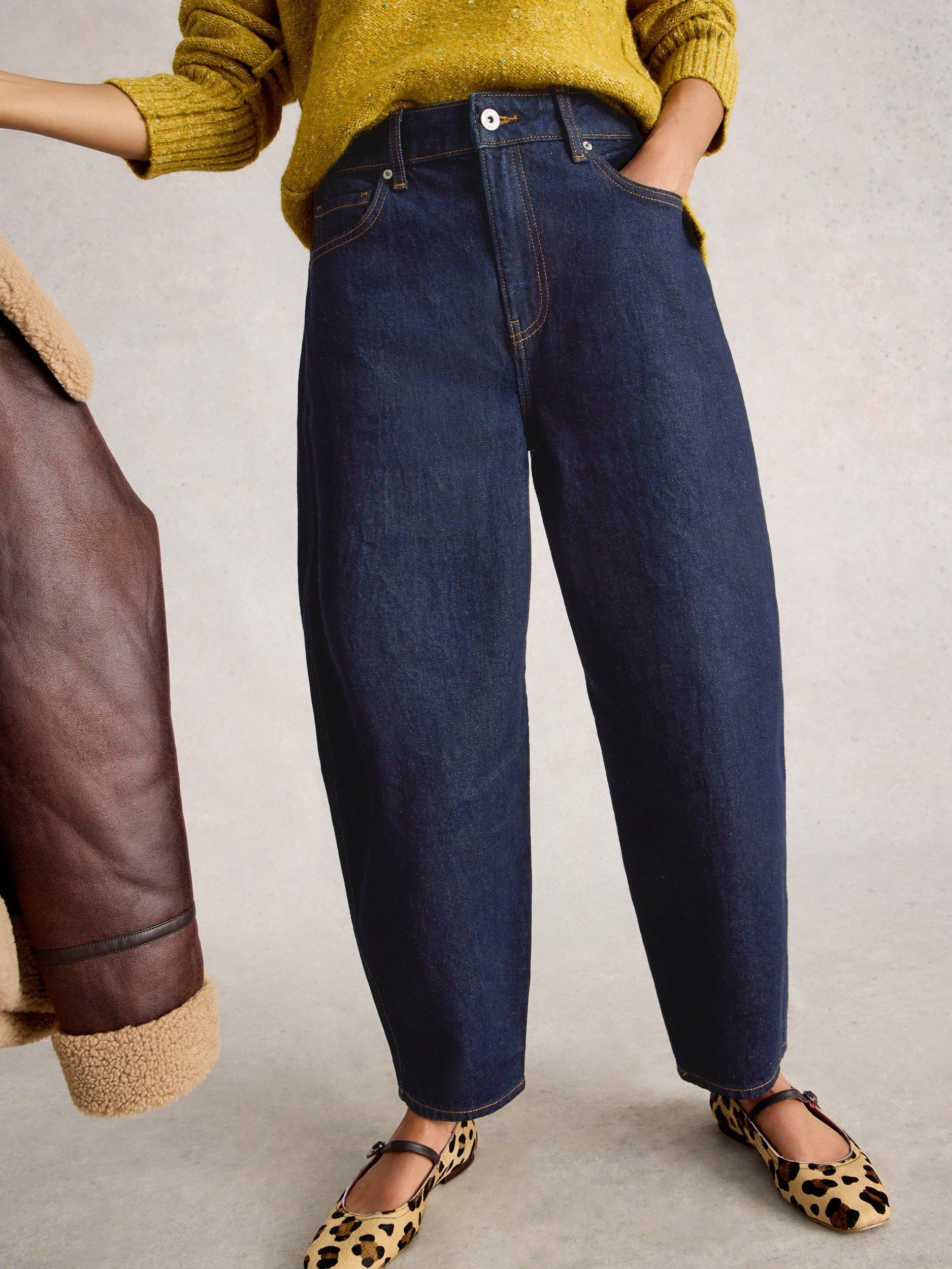Product image 4 of 6, which shows White Stuff Aubrey Cotton Blend Barrel Cut Jeans, Dark Blue, 6S