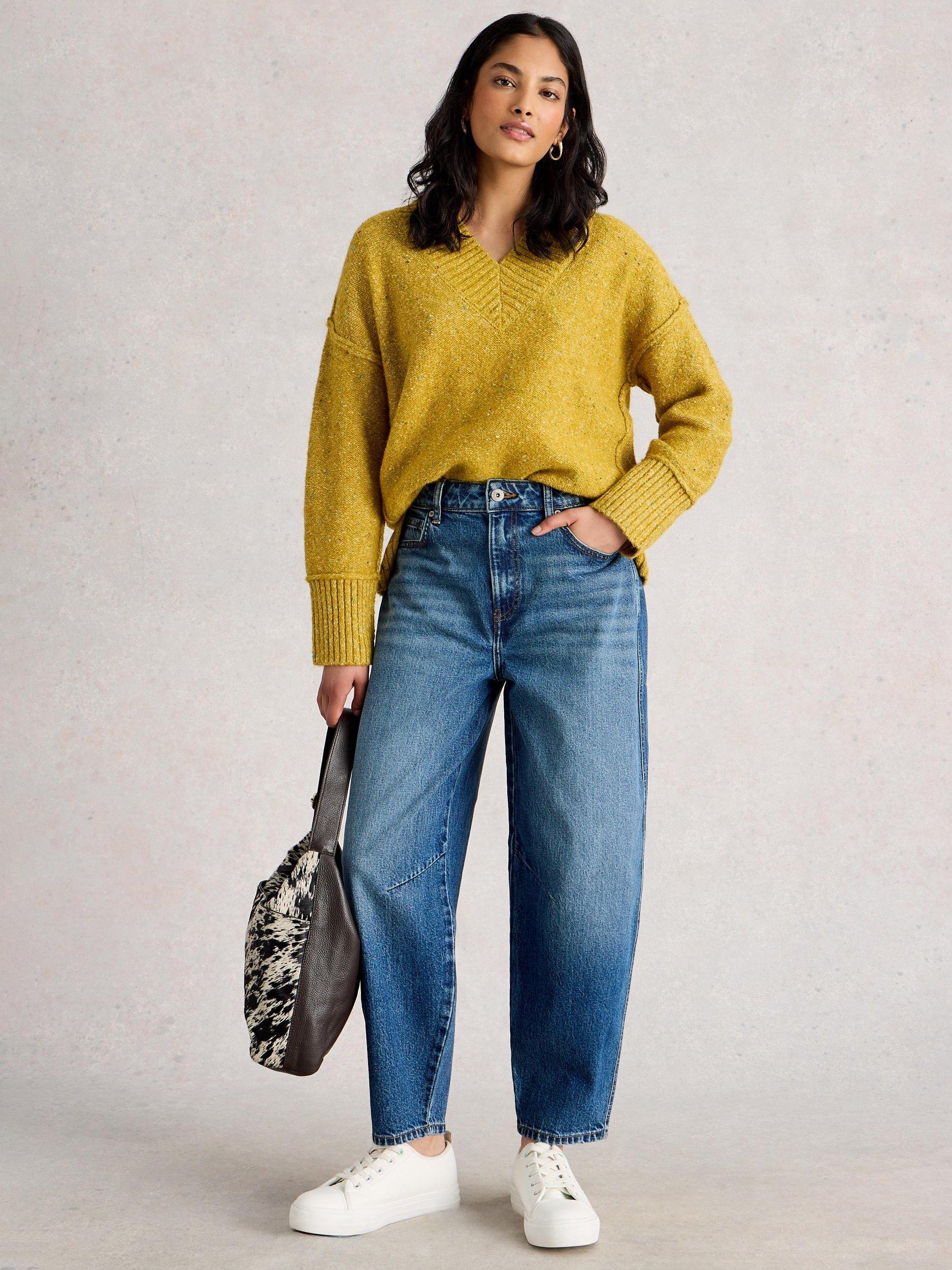 Product image 1 of 6, which shows White Stuff Aubrey Cotton Blend Barrel Cut Jeans, Mid Blue, 6S