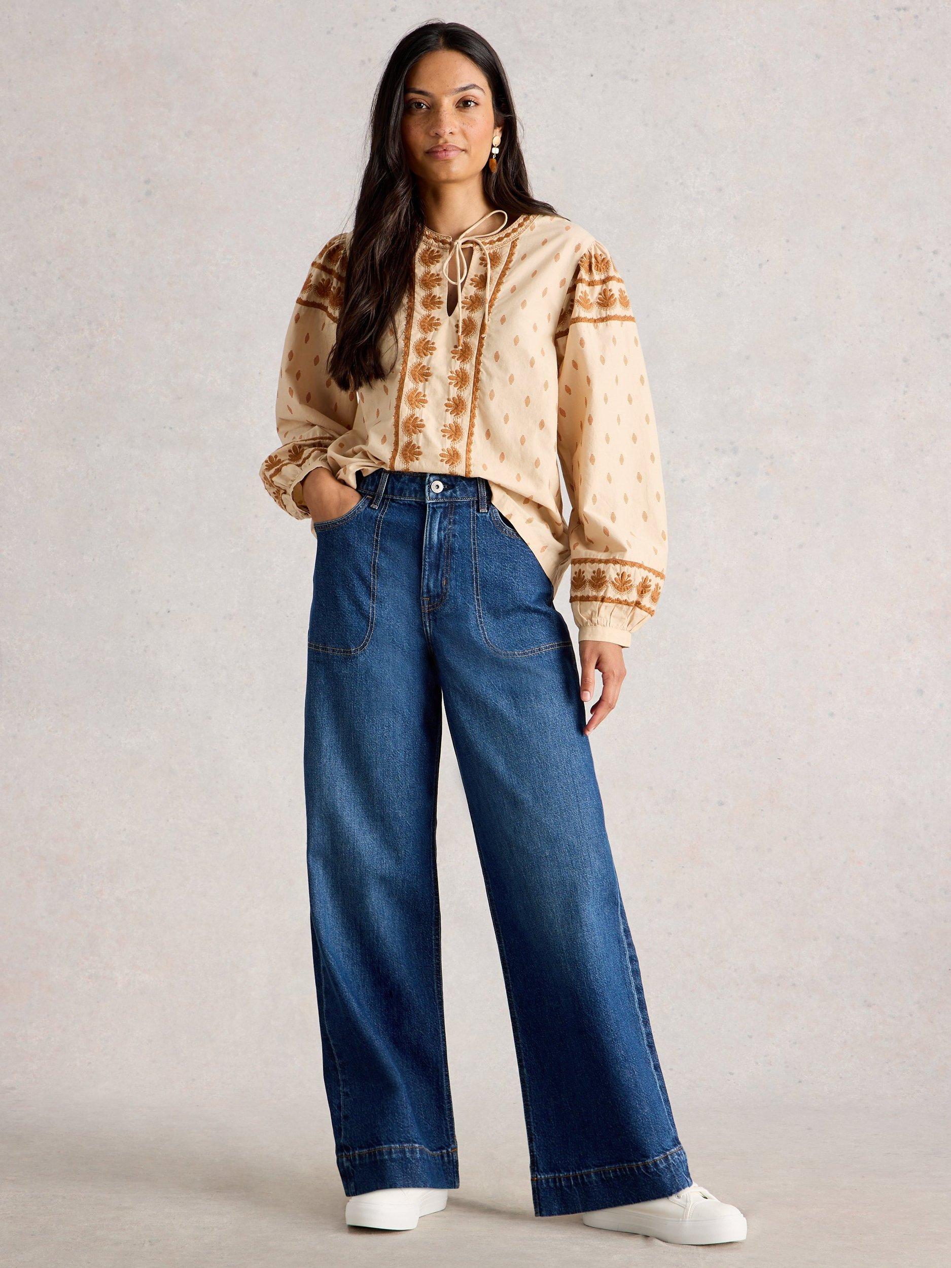 Product image 1 of 6, which shows White Stuff Tia Cotton Blend Wide Leg Denim Jeans, Dk Denim, 6S