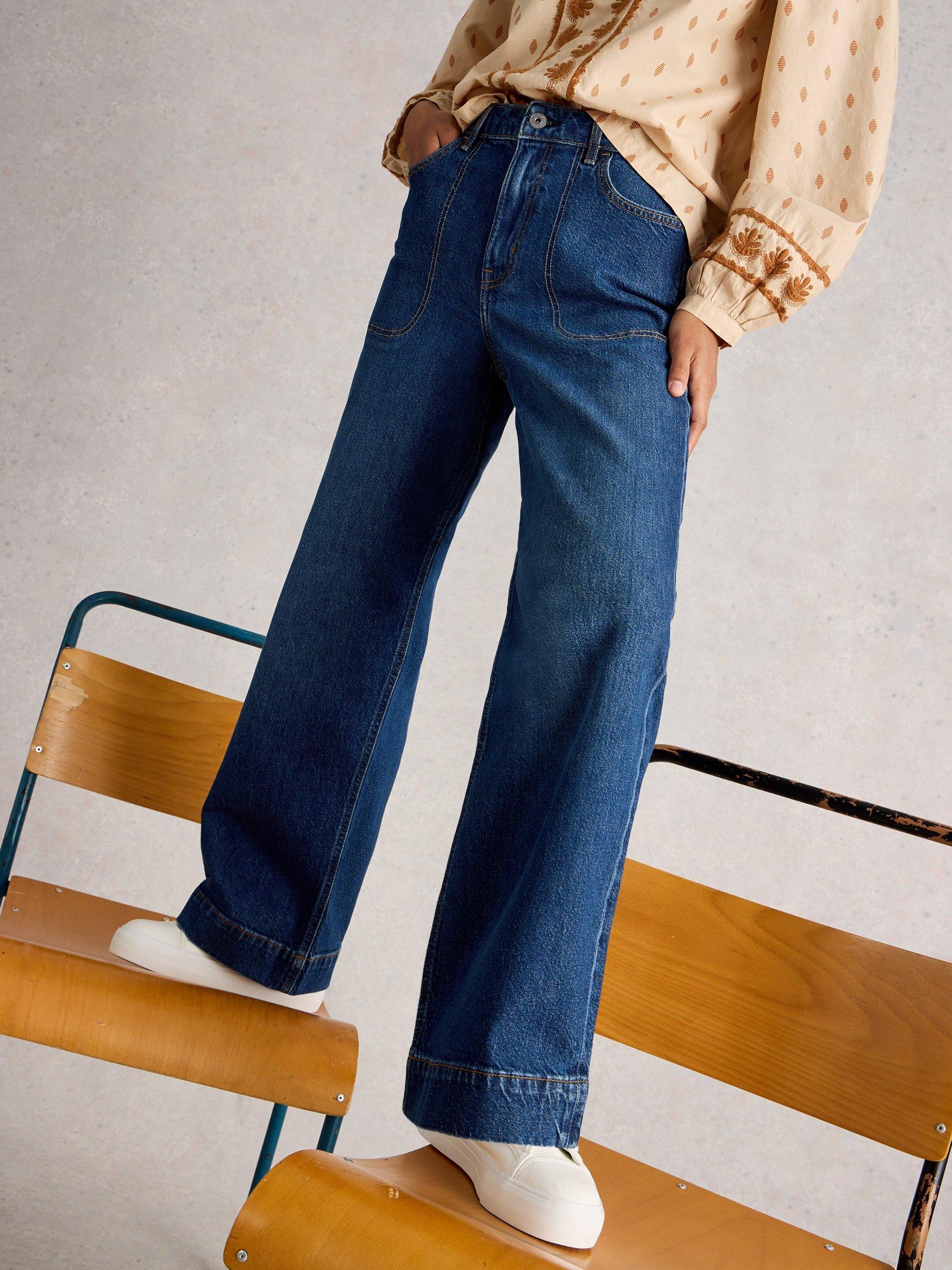 Product image 4 of 6, which shows White Stuff Tia Cotton Blend Wide Leg Denim Jeans, Dk Denim, 6S