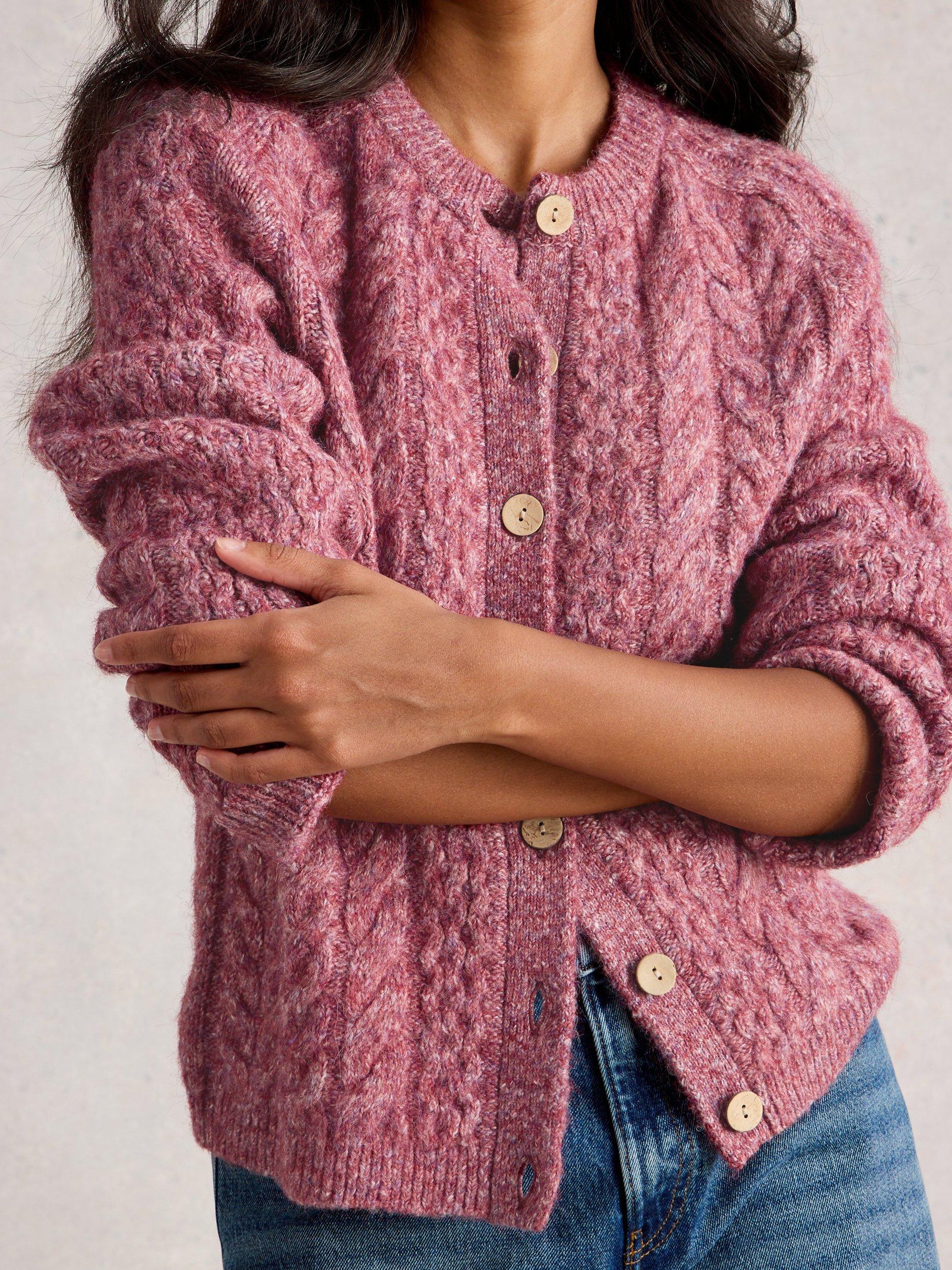 Product image 4 of 6, which shows White Stuff Carly Crew Neck Chunky Cardigan, Mid Pink, 16