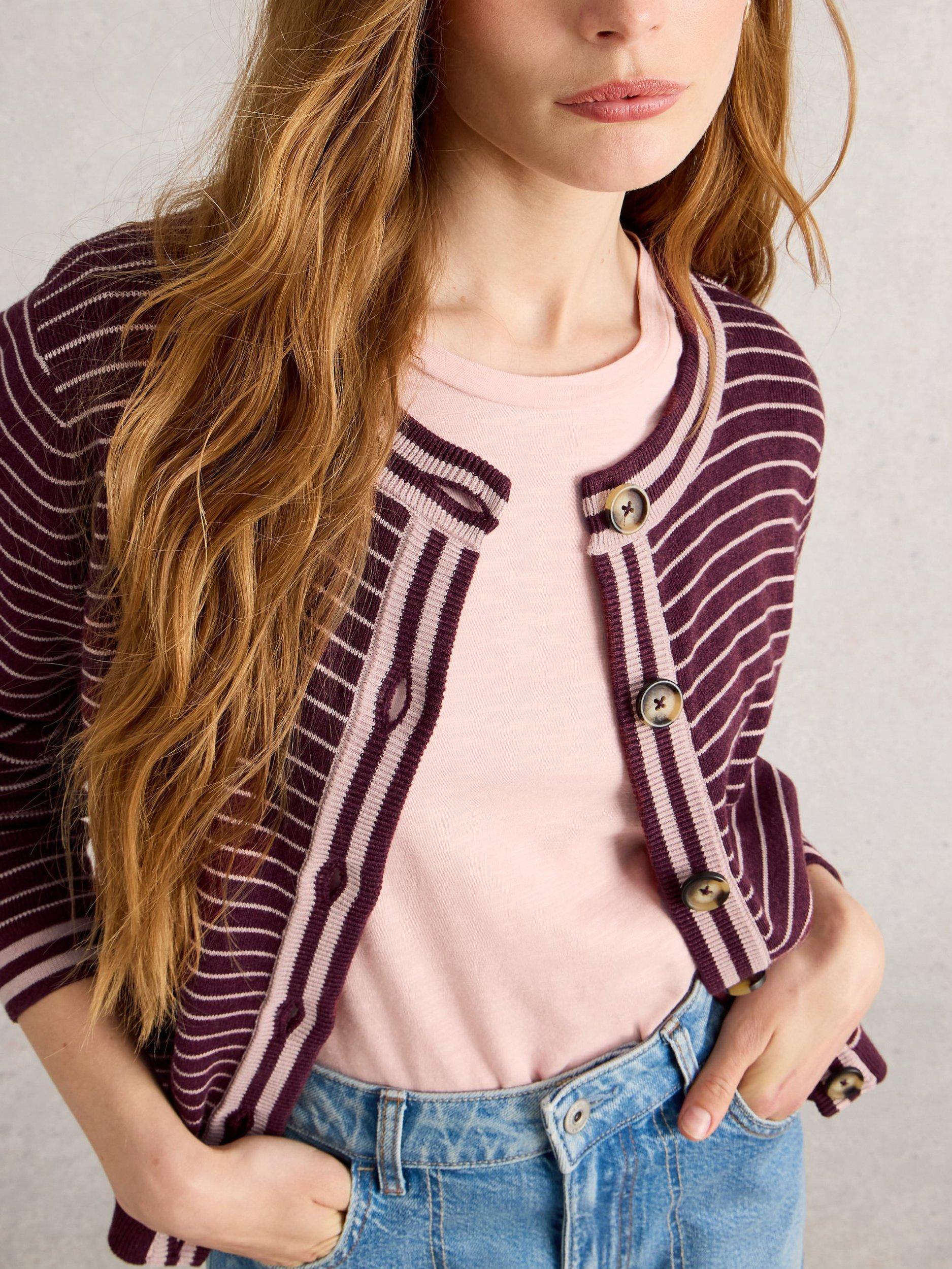 Product image 3 of 6, which shows White Stuff Charlotte Cotton Striped Cardigan, Purple/Multi, 16