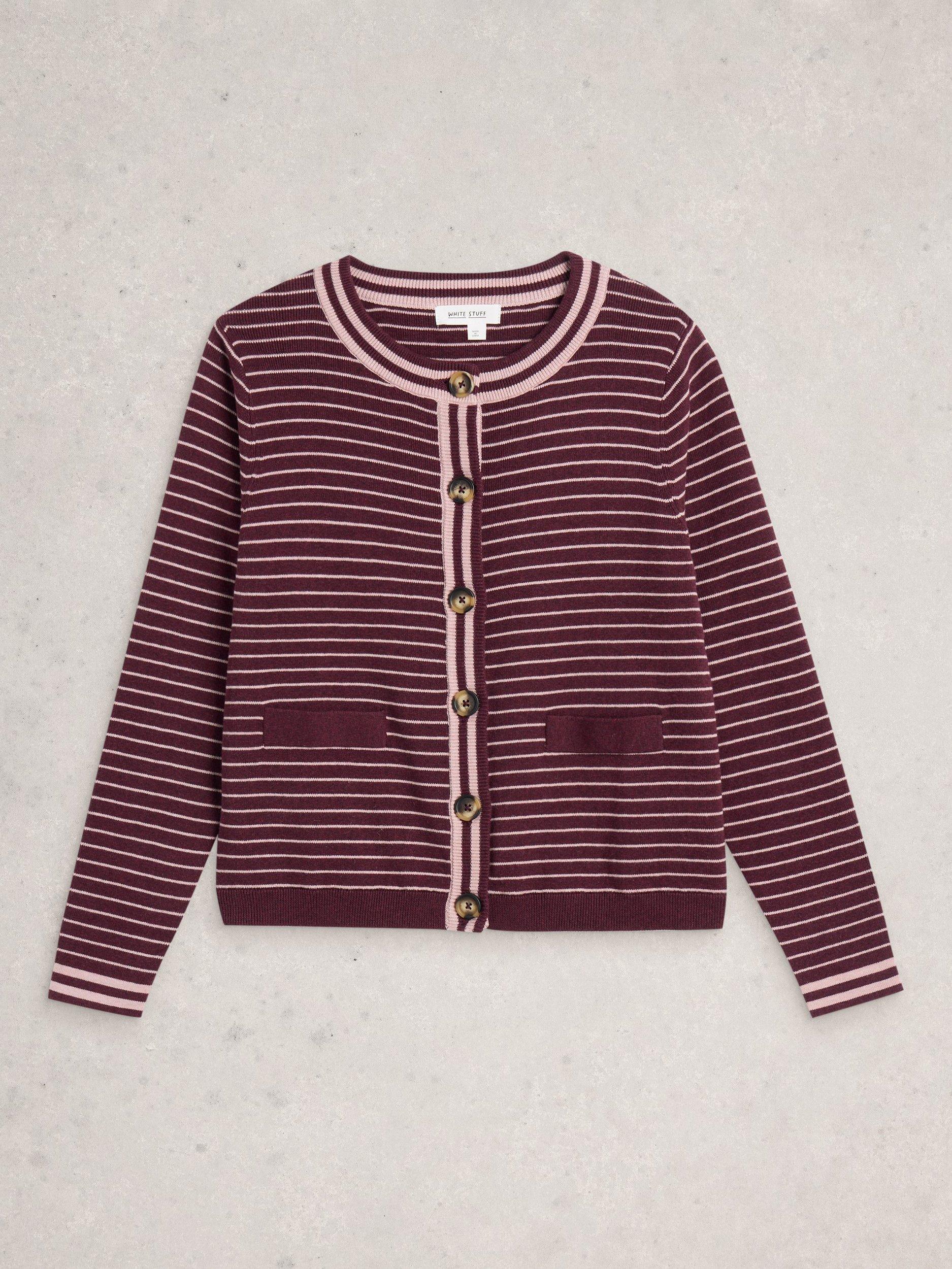 Product image 5 of 6, which shows White Stuff Charlotte Cotton Striped Cardigan, Purple/Multi, 16