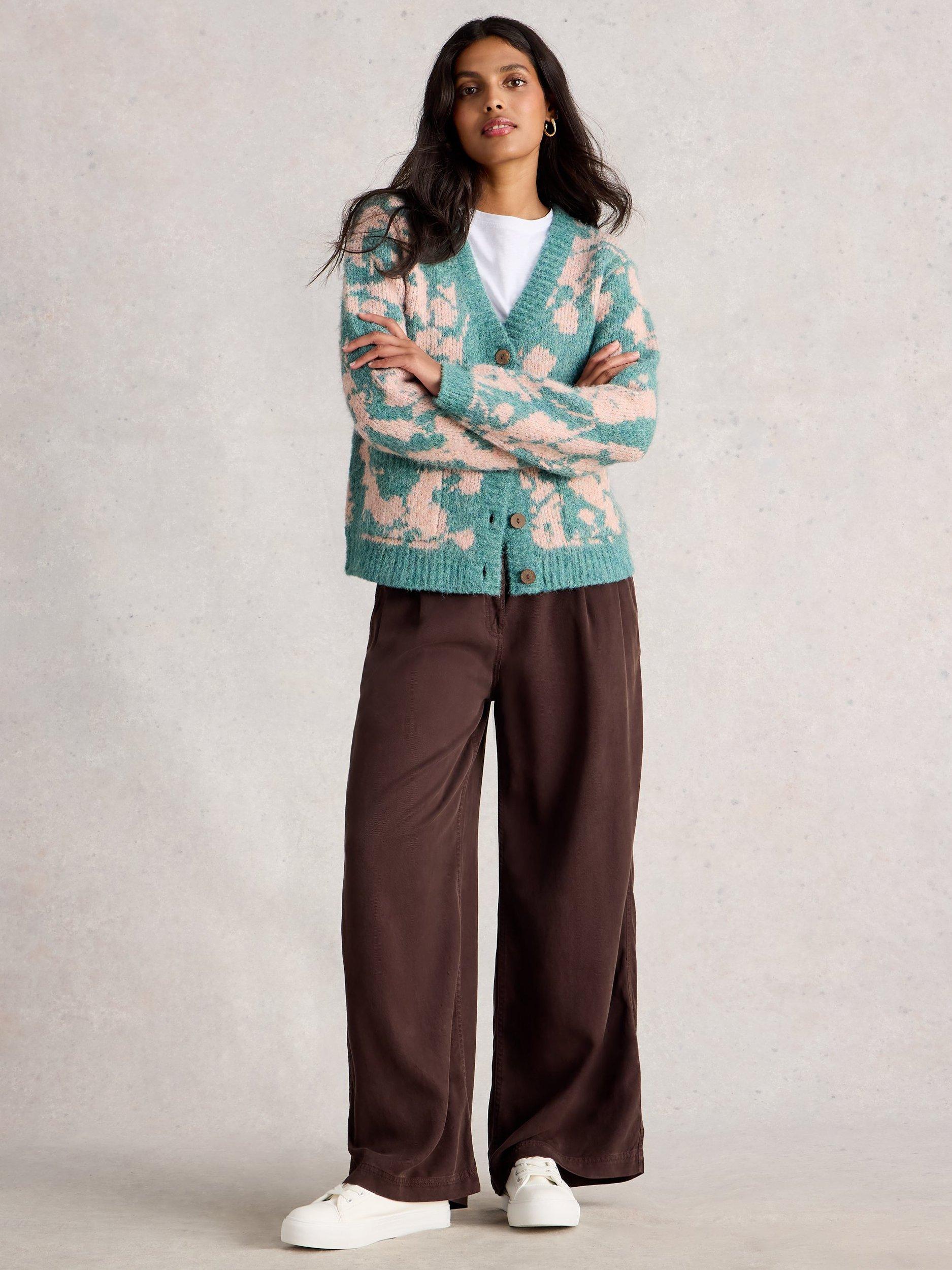 Product image 1 of 6, which shows White Stuff Jennifer Floral V Neck Chunky Cardigan, Green/Multi, 6