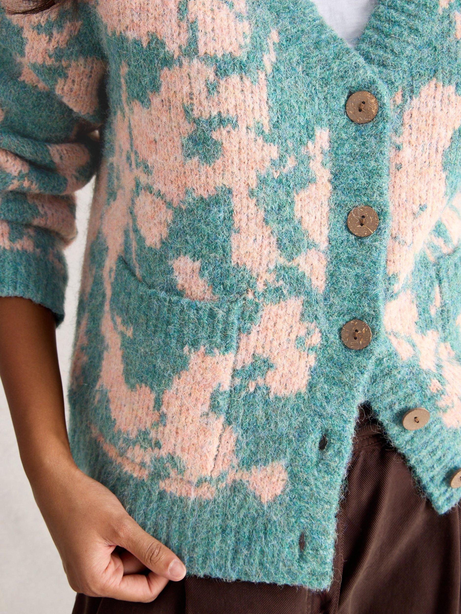 Product image 3 of 6, which shows White Stuff Jennifer Floral V Neck Chunky Cardigan, Green/Multi, 6