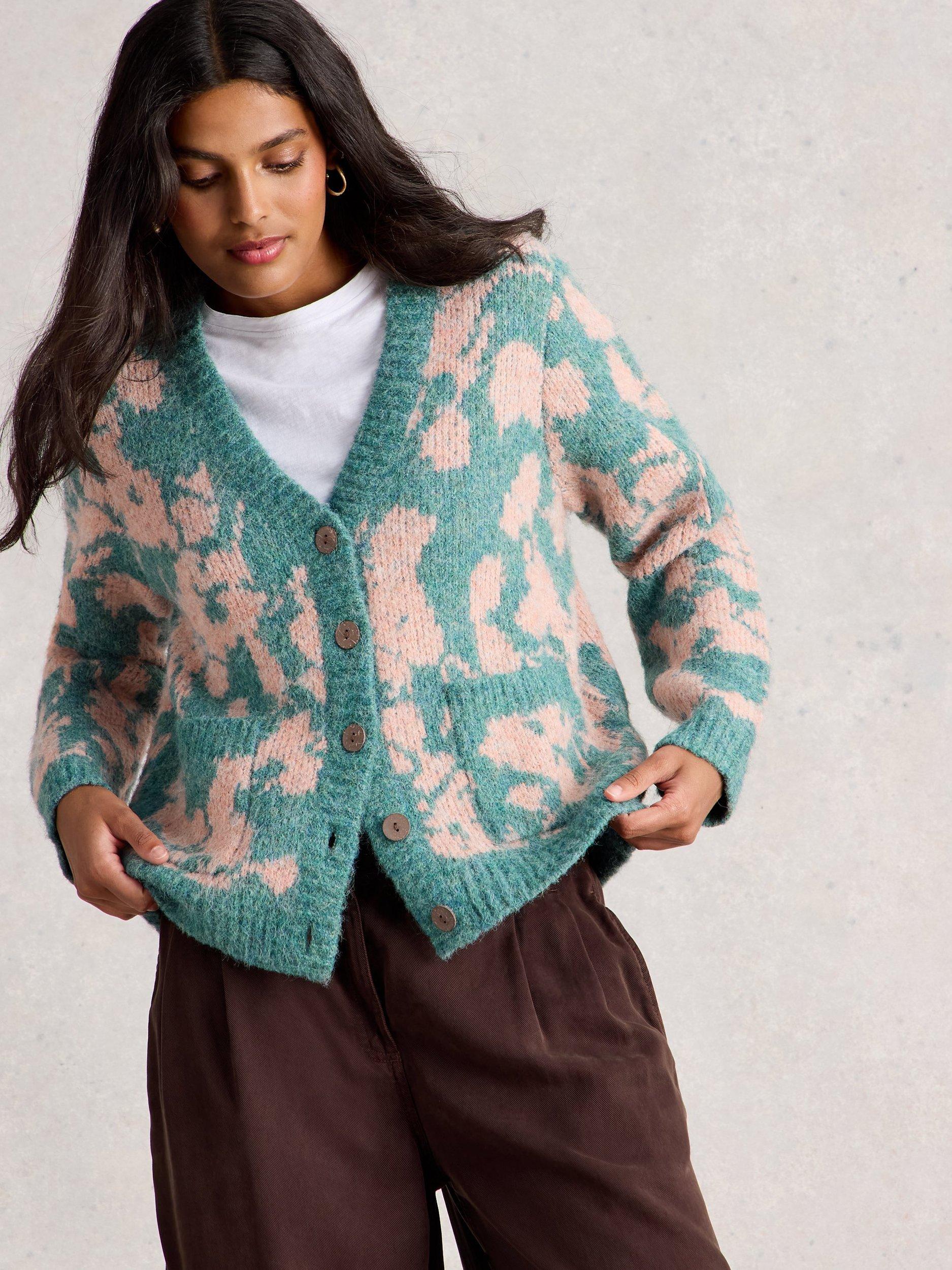 Product image 4 of 6, which shows White Stuff Jennifer Floral V Neck Chunky Cardigan, Green/Multi, 6