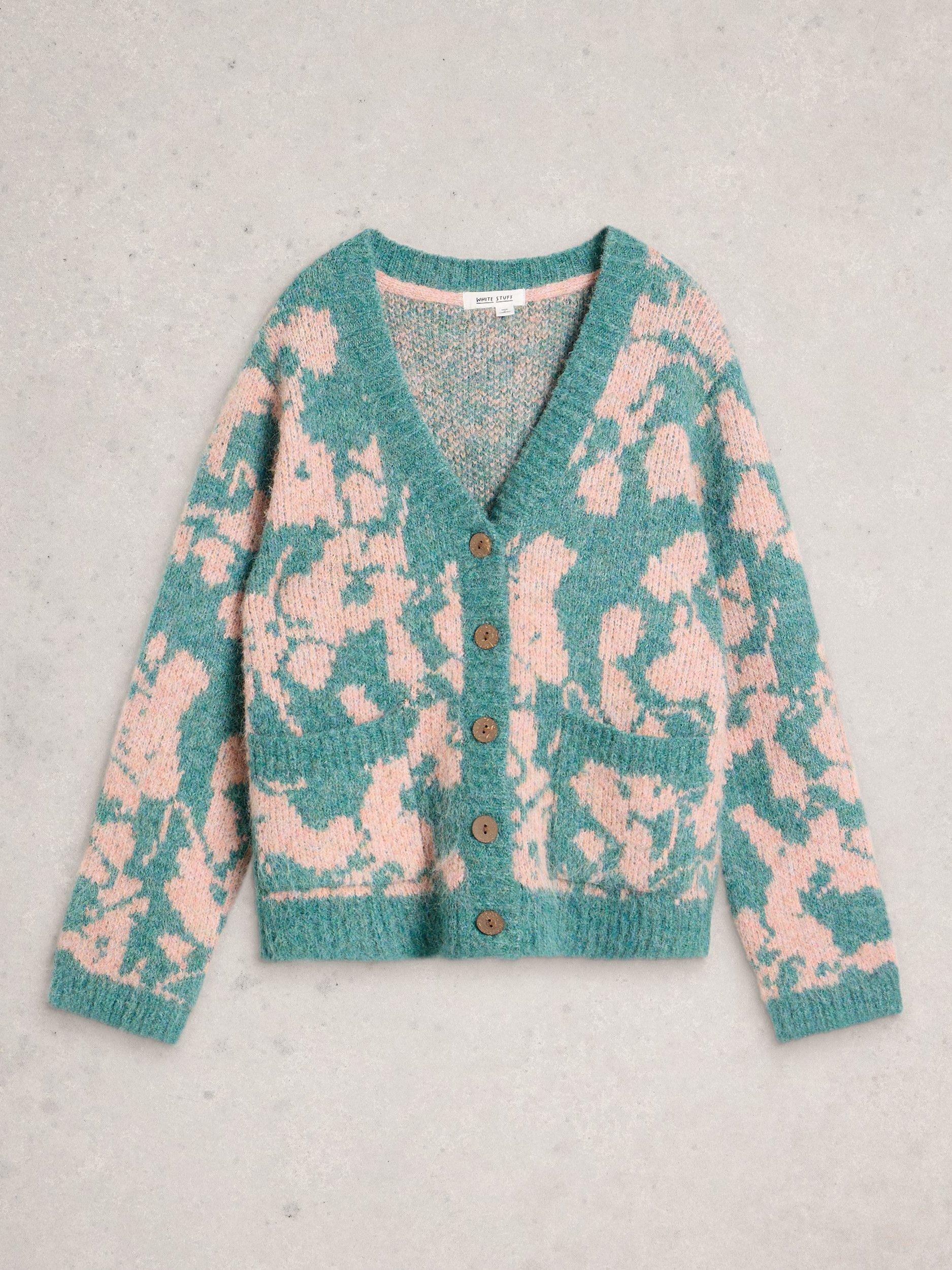 Product image 5 of 6, which shows White Stuff Jennifer Floral V Neck Chunky Cardigan, Green/Multi, 6