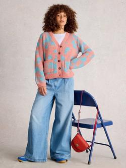 White Stuff Jenny Abstract Floral Cardigan, Coral/Turquoise, Coral/Turquoise