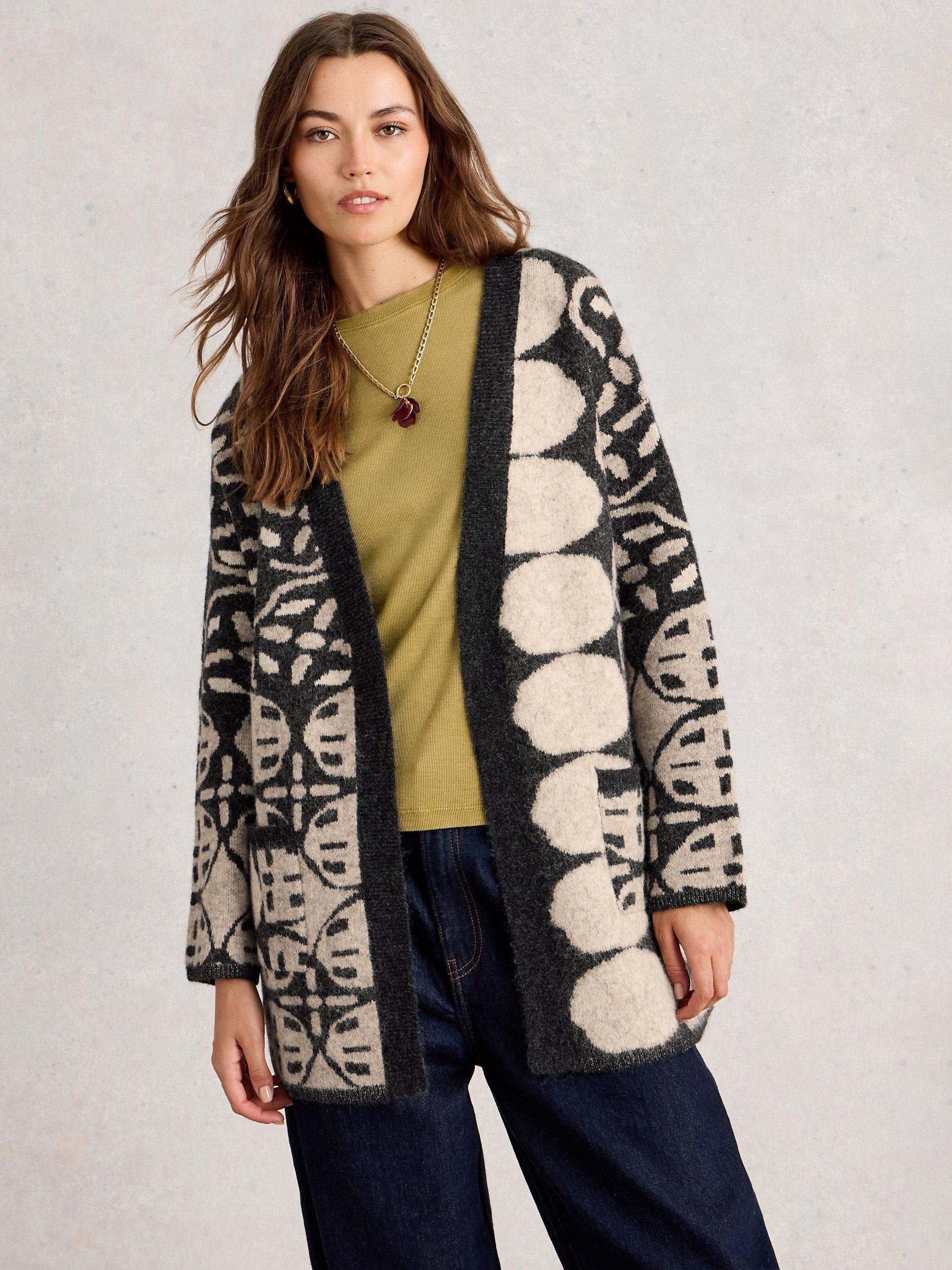 Product image 3 of 6, which shows White Stuff Jewel Geometric Open Neck Cardigan, Natural/Multi, S