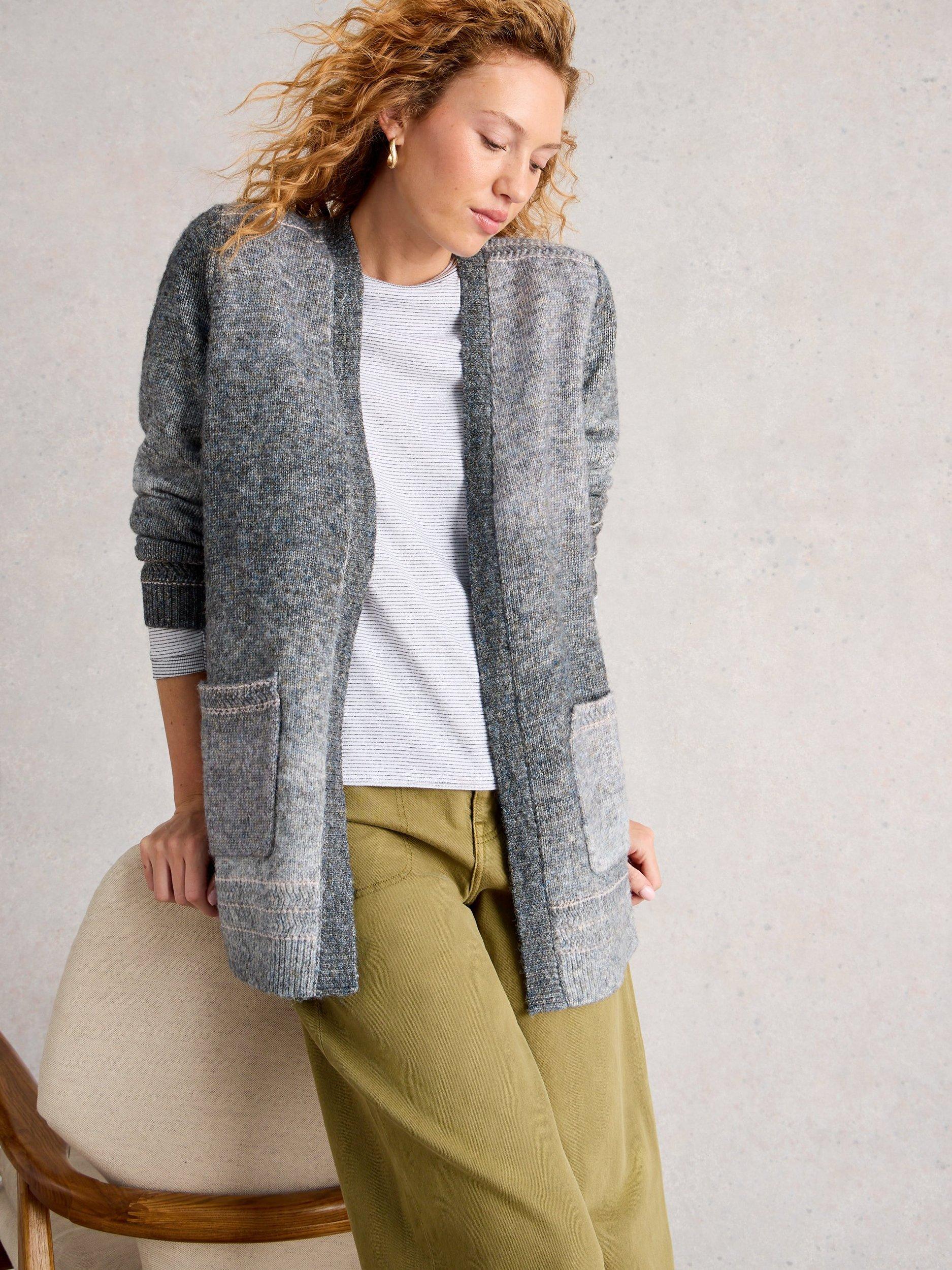 Product image 3 of 6, which shows White Stuff Lilbet Open Neck Wool Blend Cardigan, Grey/Multi, S