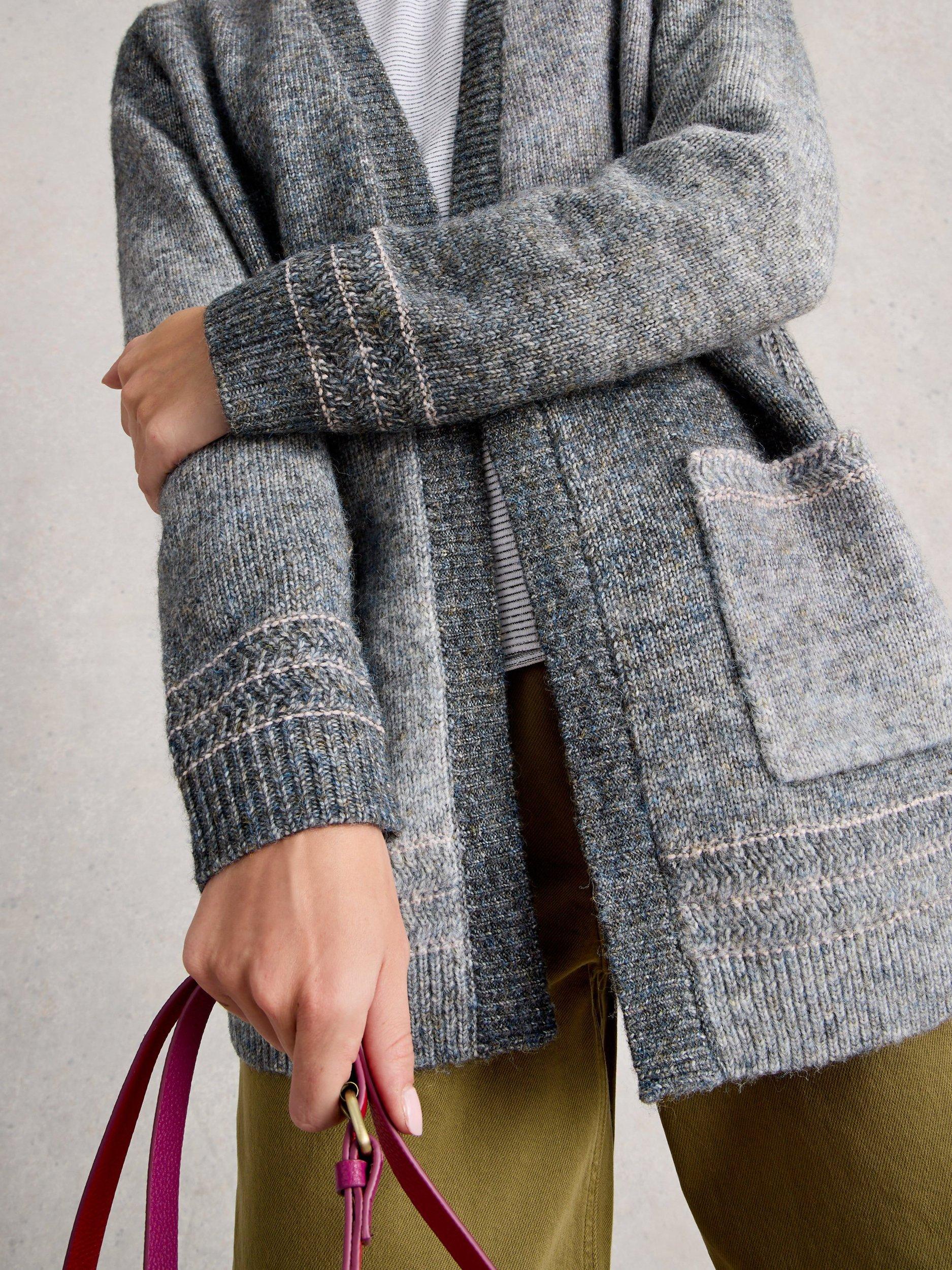 Product image 4 of 6, which shows White Stuff Lilbet Open Neck Wool Blend Cardigan, Grey/Multi, S