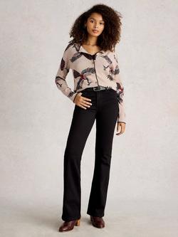 White Stuff Lulu Organic Cotton Bird Graphic Long Sleeve Crew Neck Cardigan, Natural/Multi