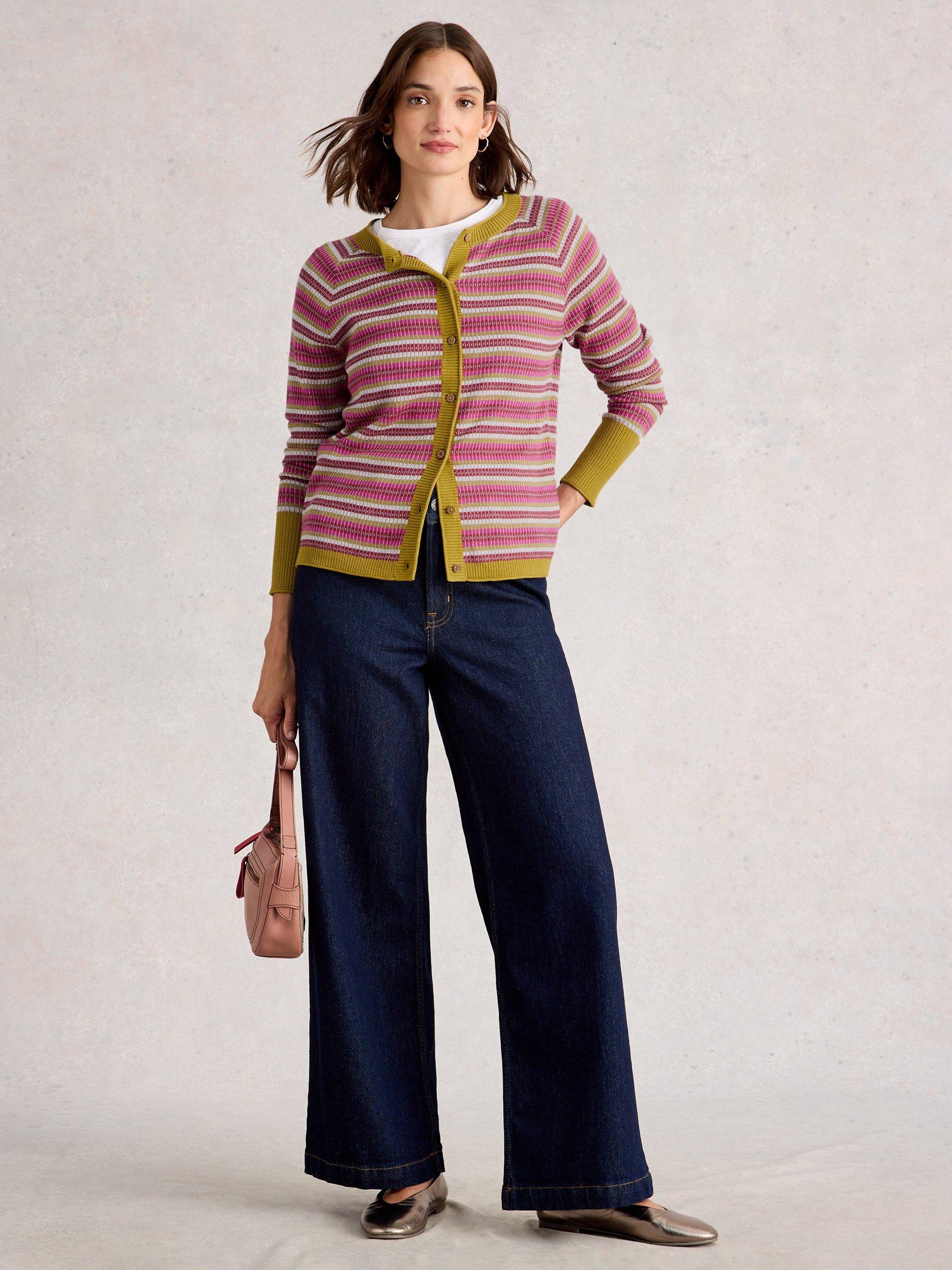 Product image 1 of 6, which shows White Stuff Lulu Textured Stripe Cardigan, Pink/Multi, 6