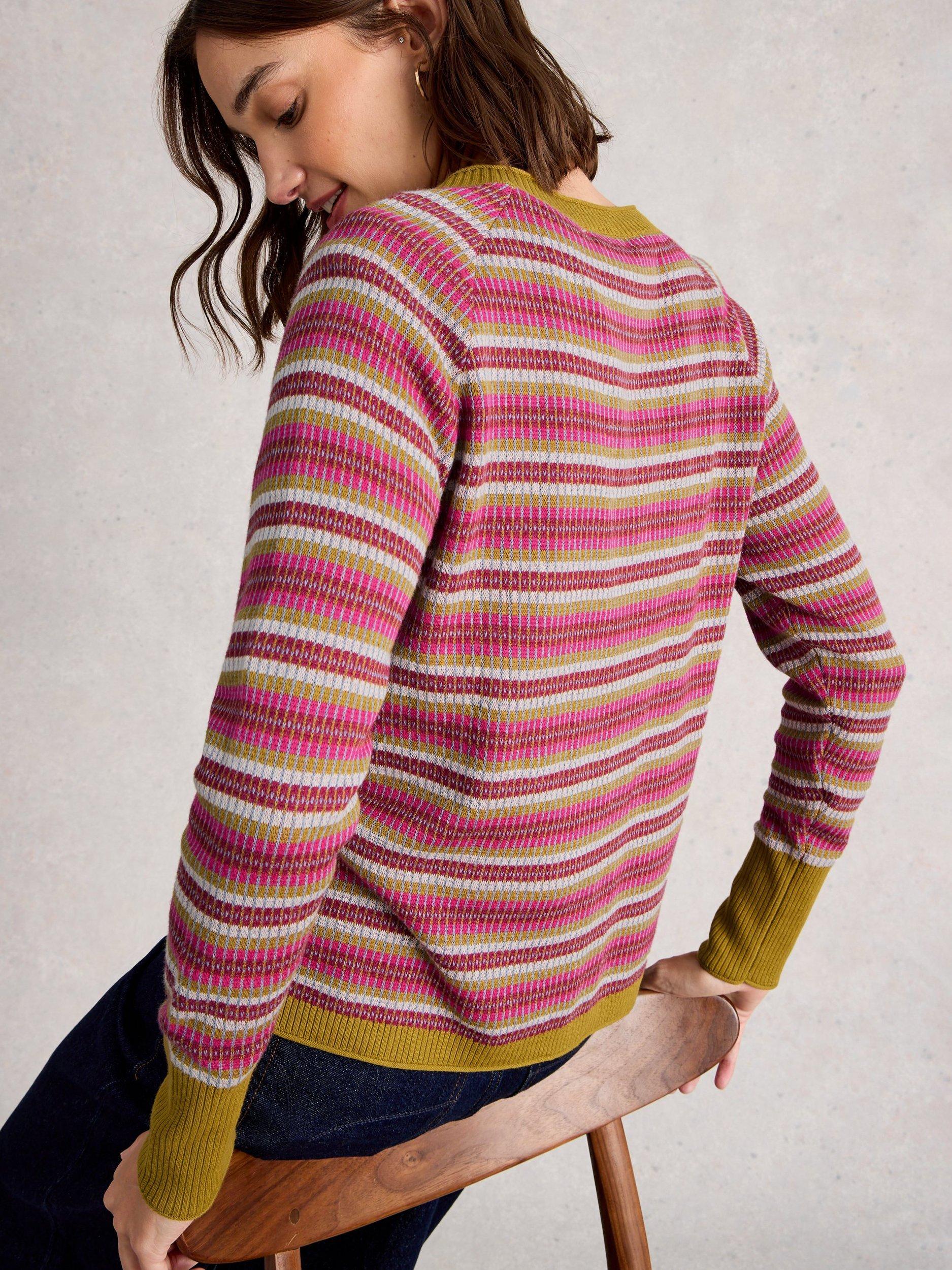 Product image 2 of 6, which shows White Stuff Lulu Textured Stripe Cardigan, Pink/Multi, 6