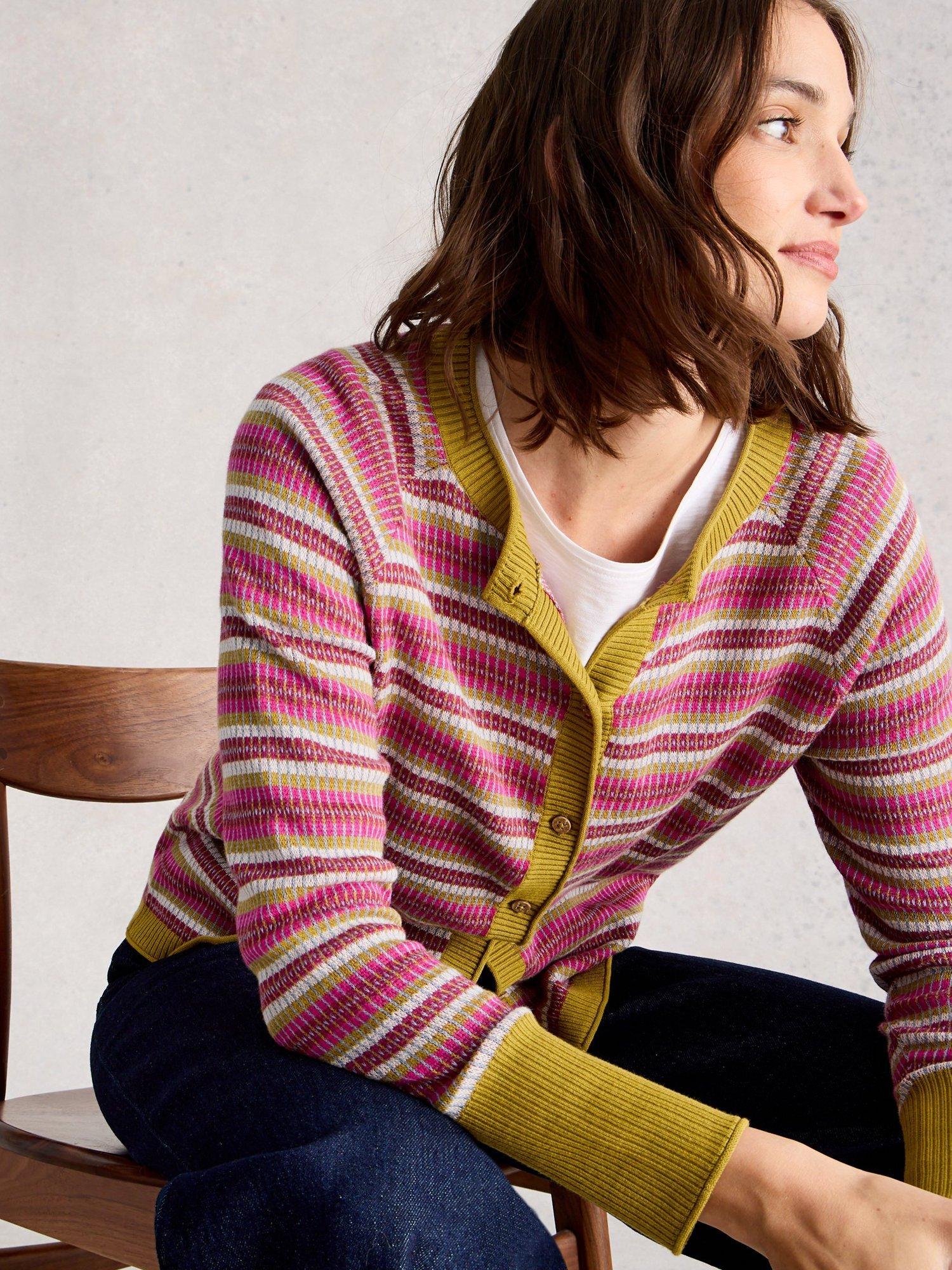 Product image 3 of 6, which shows White Stuff Lulu Textured Stripe Cardigan, Pink/Multi, 6