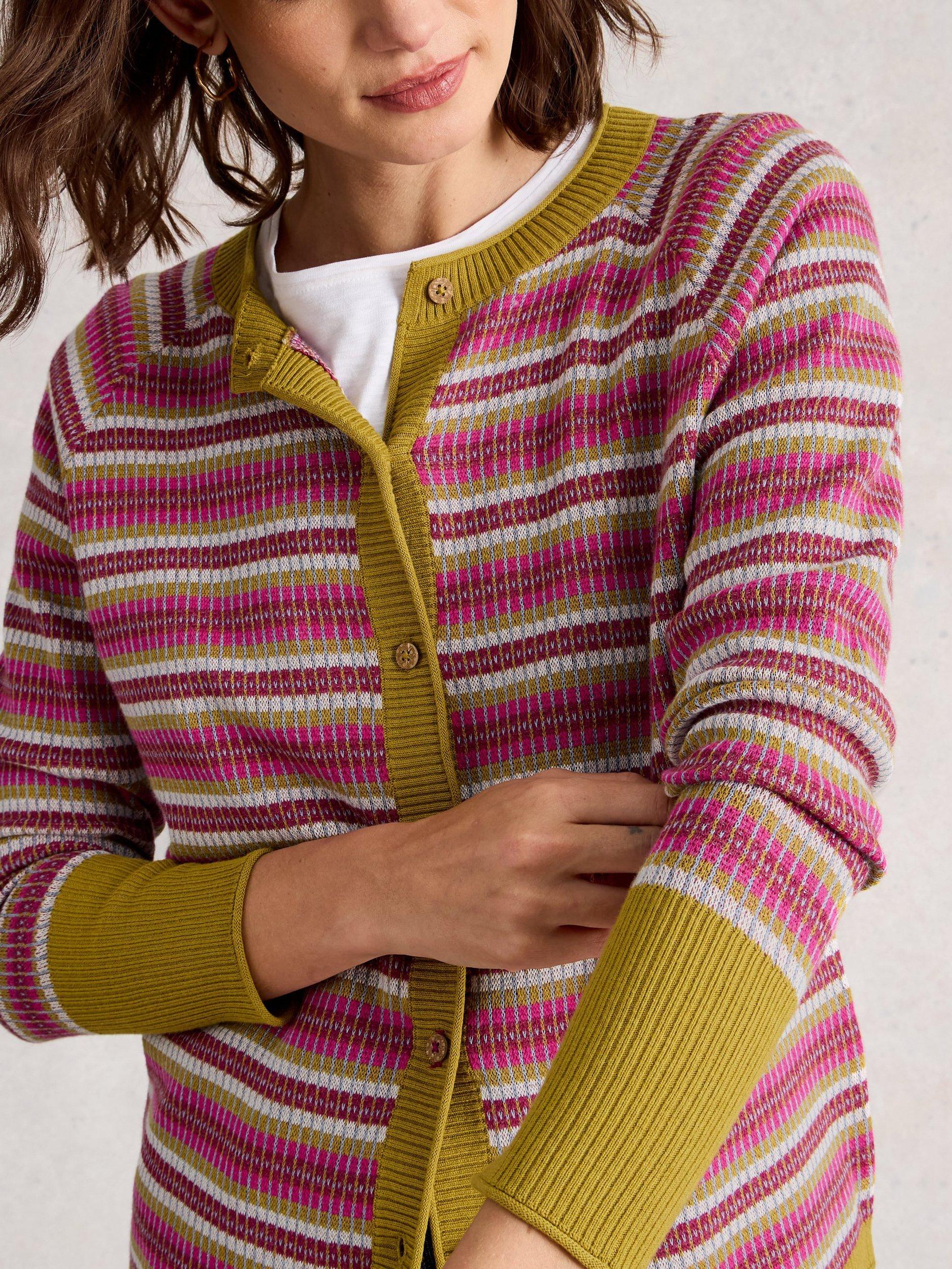 Product image 4 of 6, which shows White Stuff Lulu Textured Stripe Cardigan, Pink/Multi, 6