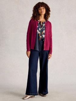 White Stuff Lulu Cotton Long Sleeve Crew Neck Cardigan, Purple