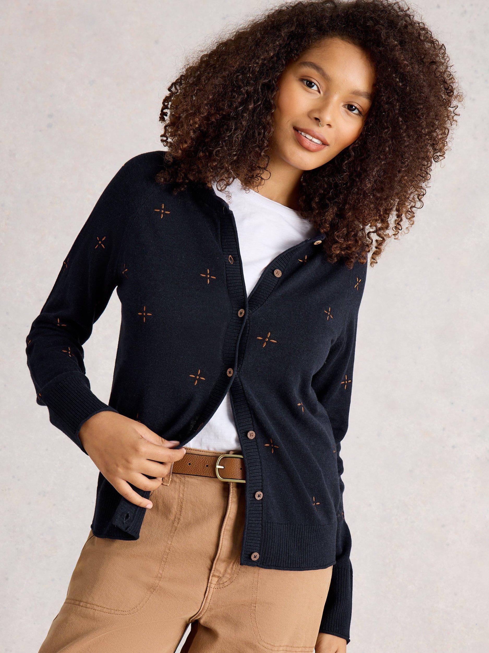 Product image 1 of 6, which shows White Stuff Lulu Embroidered Cardigan, Navy/Multi, 8