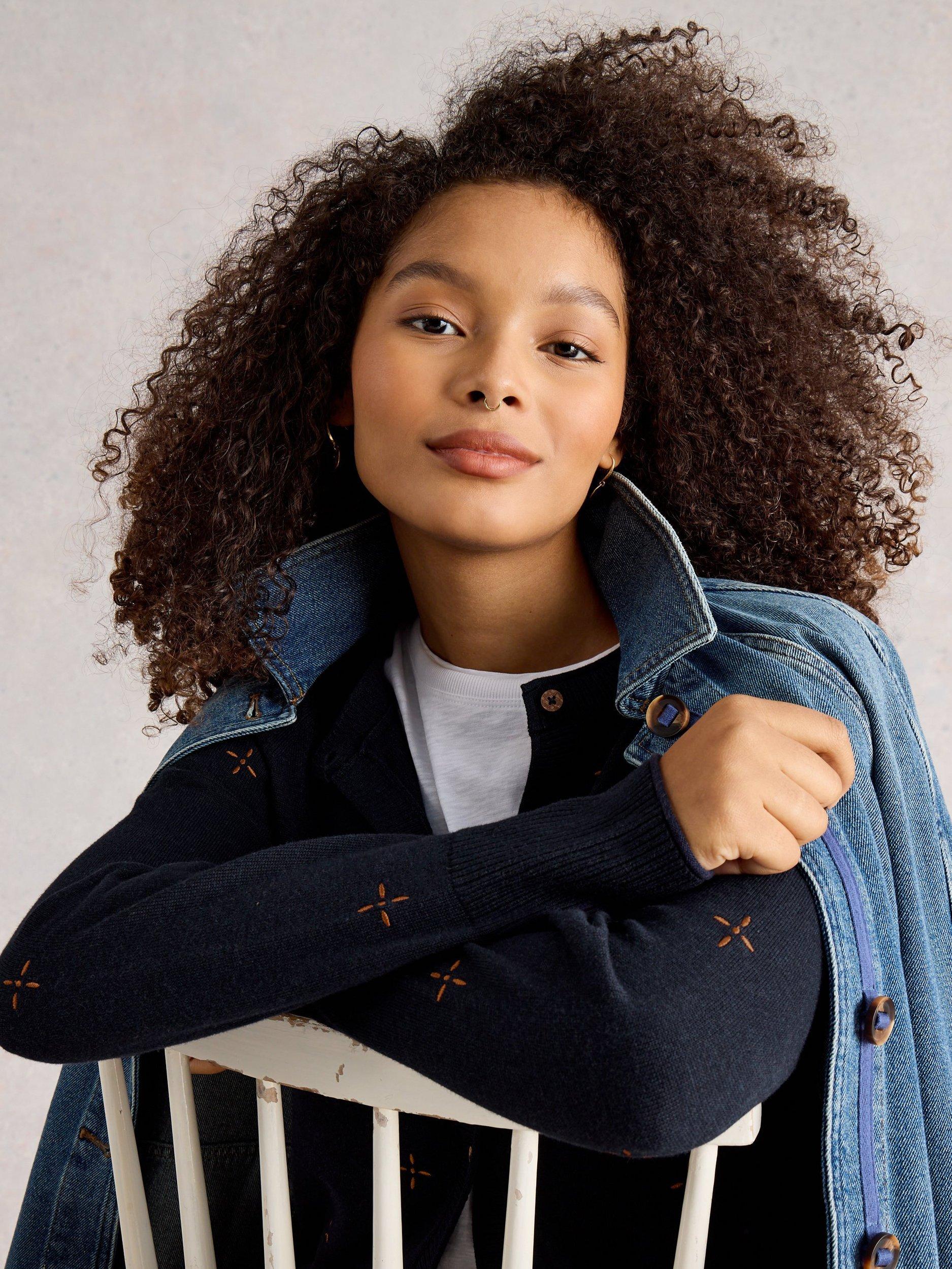 Product image 4 of 6, which shows White Stuff Lulu Embroidered Cardigan, Navy/Multi, 8