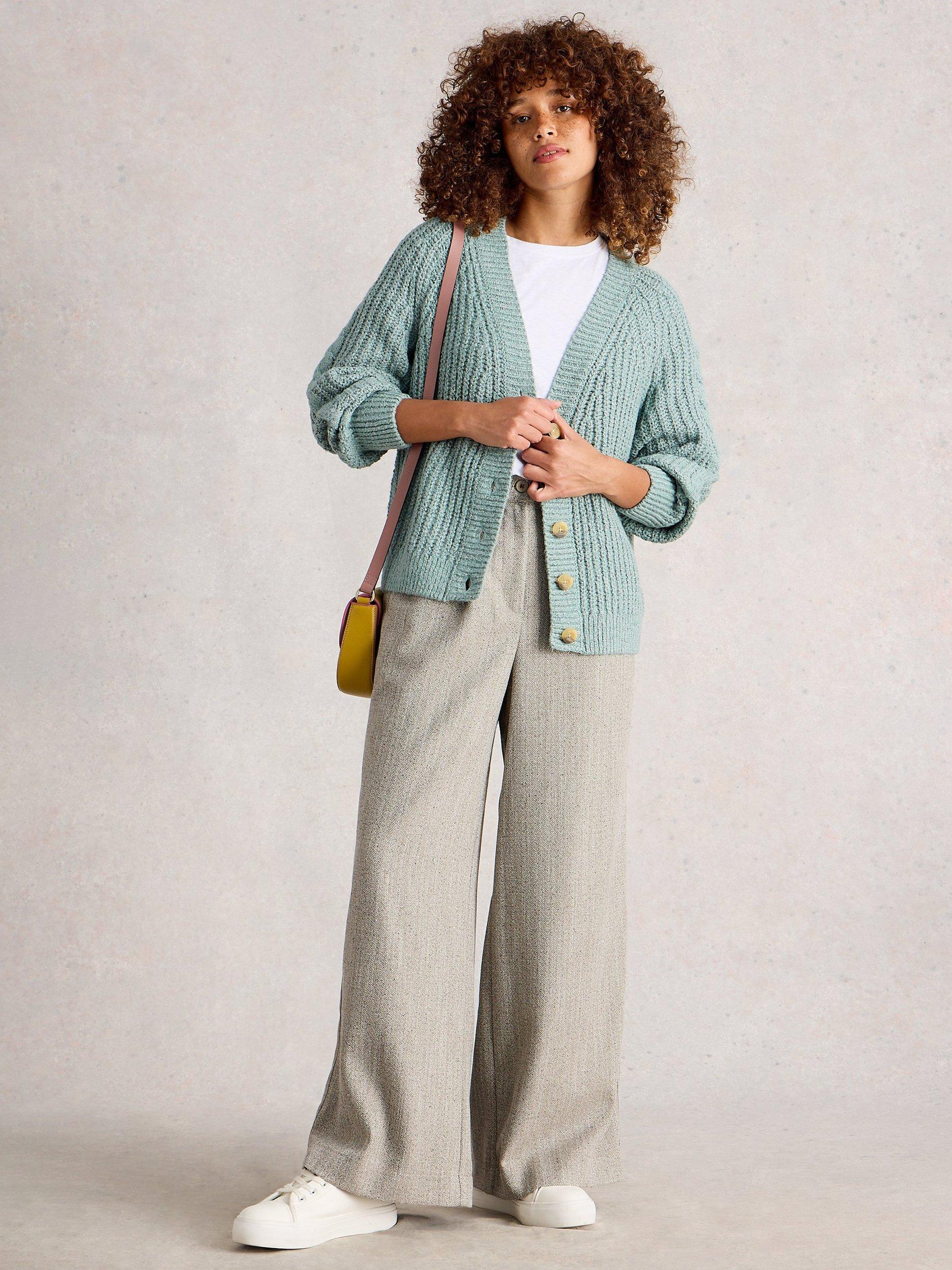 Product image 1 of 6, which shows White Stuff Sally Buttoned Cotton Blend Textured Cardigan, Dusty Green, 22