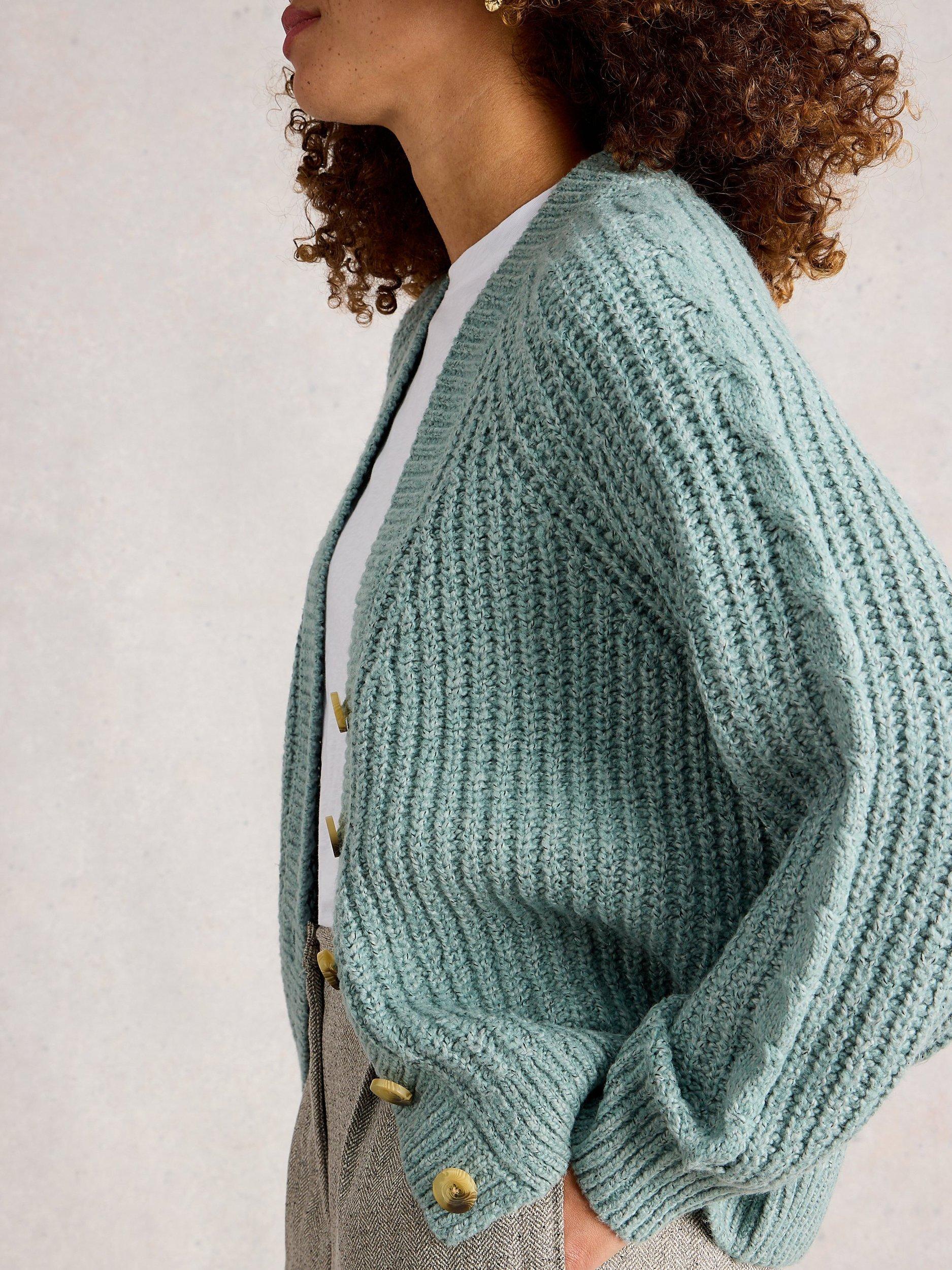 Product image 3 of 6, which shows White Stuff Sally Buttoned Cotton Blend Textured Cardigan, Dusty Green, 22