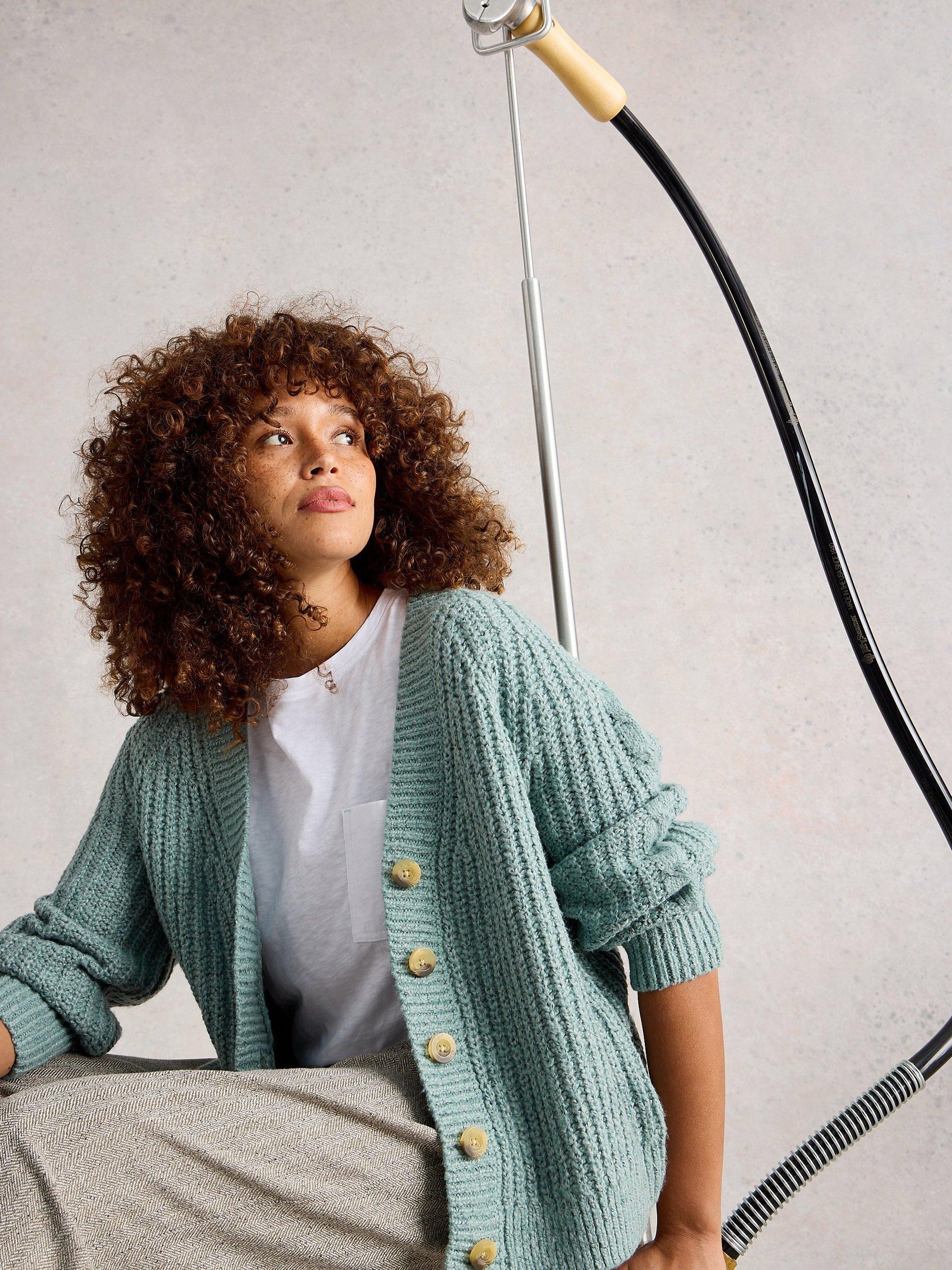 Product image 4 of 6, which shows White Stuff Sally Buttoned Cotton Blend Textured Cardigan, Dusty Green, 22