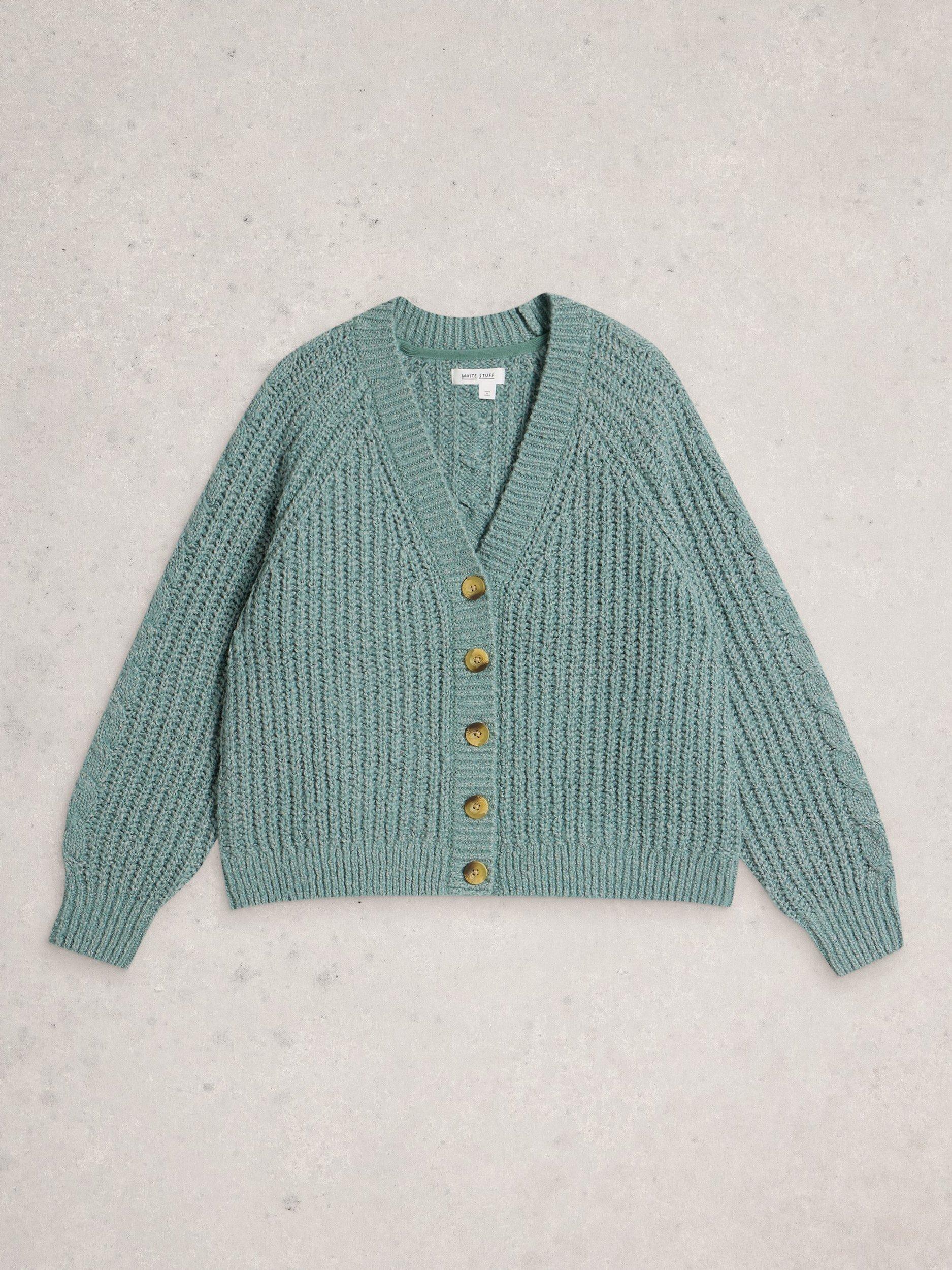 Product image 5 of 6, which shows White Stuff Sally Buttoned Cotton Blend Textured Cardigan, Dusty Green, 22