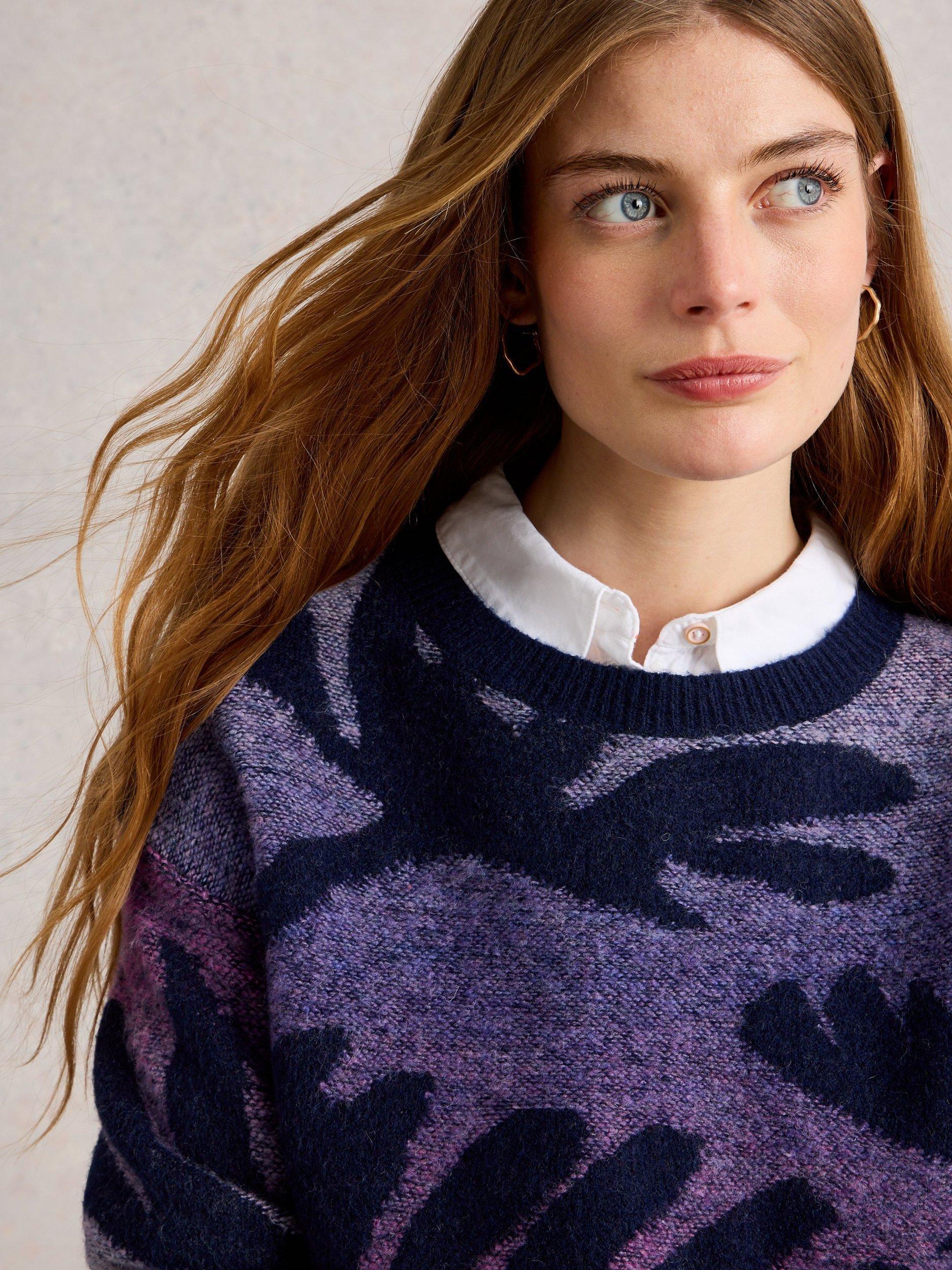 Product image 4 of 6, which shows White Stuff Fern Space Dye Leaf Jumper, Navy/Multi, 6