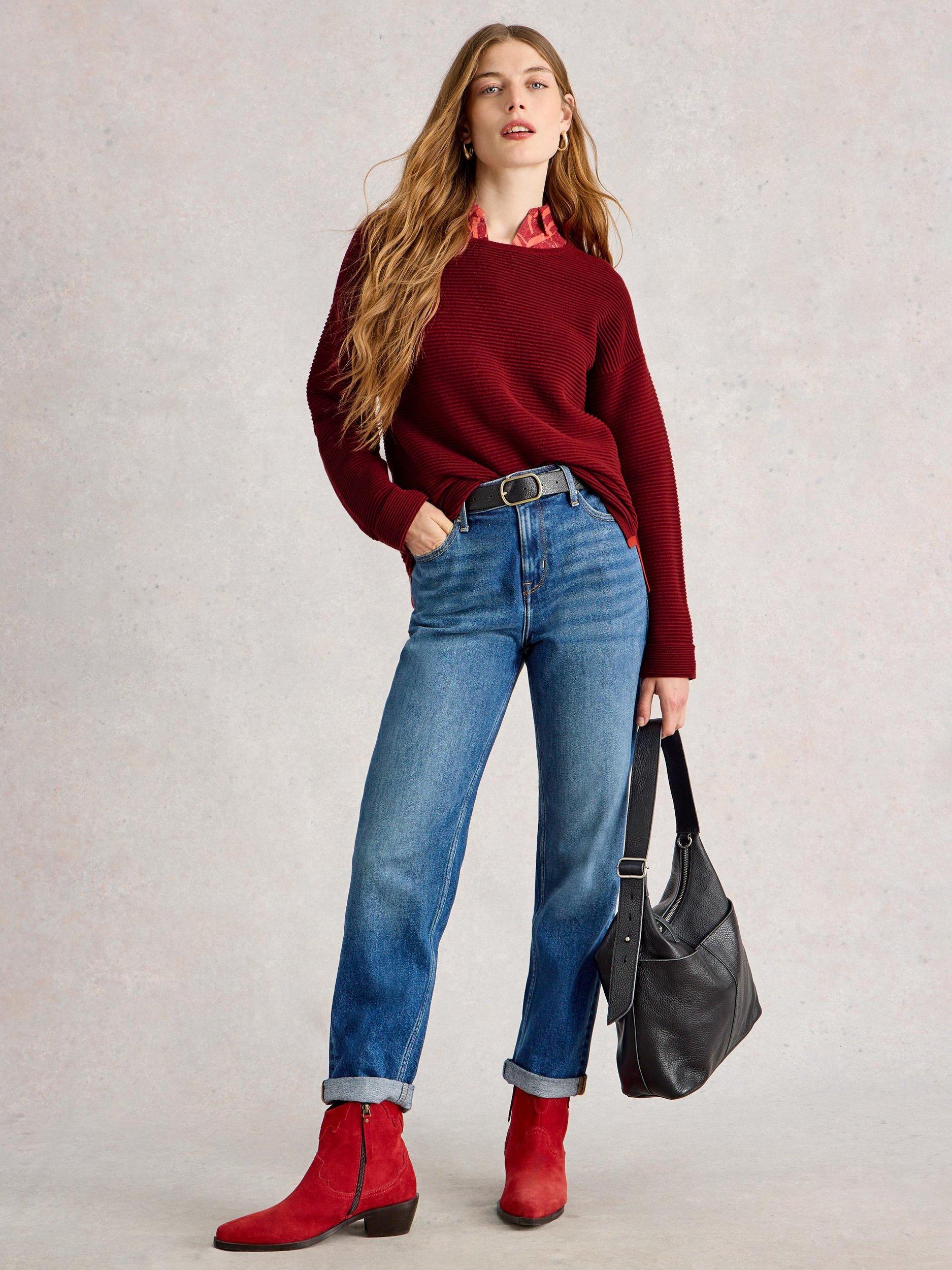 Product image 1 of 6, which shows White Stuff Jana Rib Pure Organic Cotton Jumper, Deep Red, 6