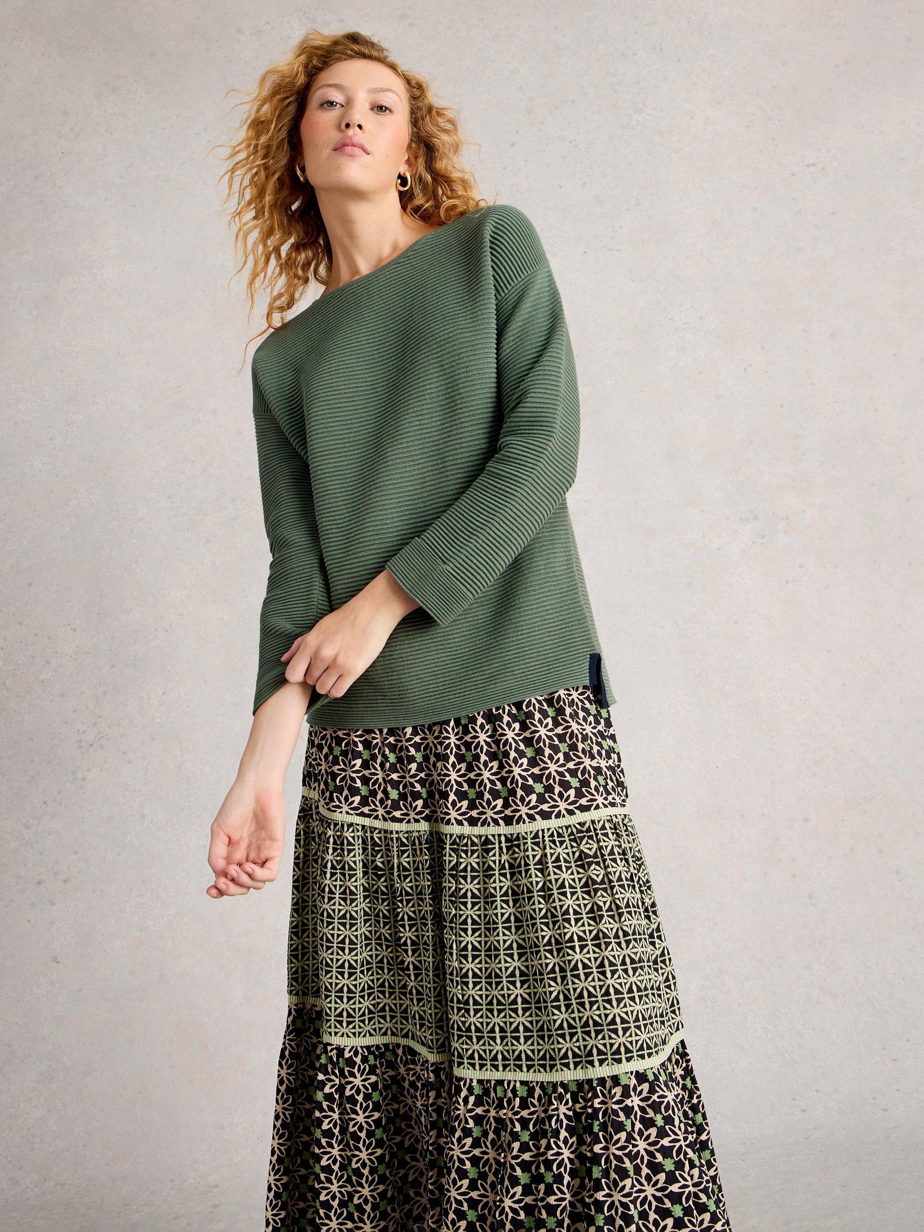 Product image 3 of 6, which shows White Stuff Jana Cotton Long Sleeve Crew Neck Jumper, Khaki, 6