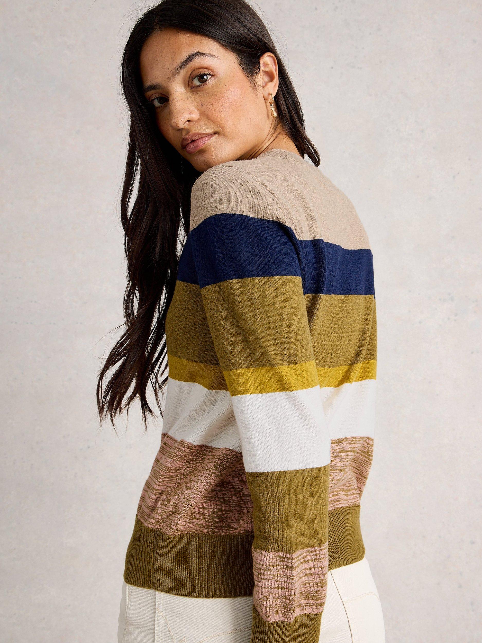 Product image 2 of 6, which shows White Stuff Katie Wool Blend Stripe Long Sleeve Round Neck Jumper, Green/Multi, 6