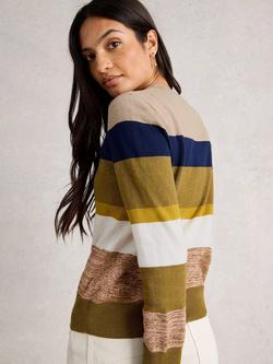 White Stuff Katie Wool Blend Stripe Long Sleeve Round Neck Jumper - view 2, Green/Multi