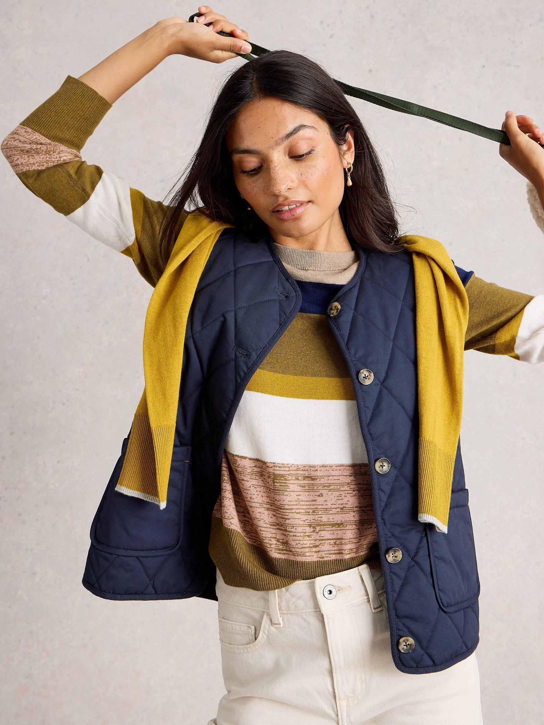 Product image 3 of 6, which shows White Stuff Katie Wool Blend Stripe Long Sleeve Round Neck Jumper, Green/Multi, 6