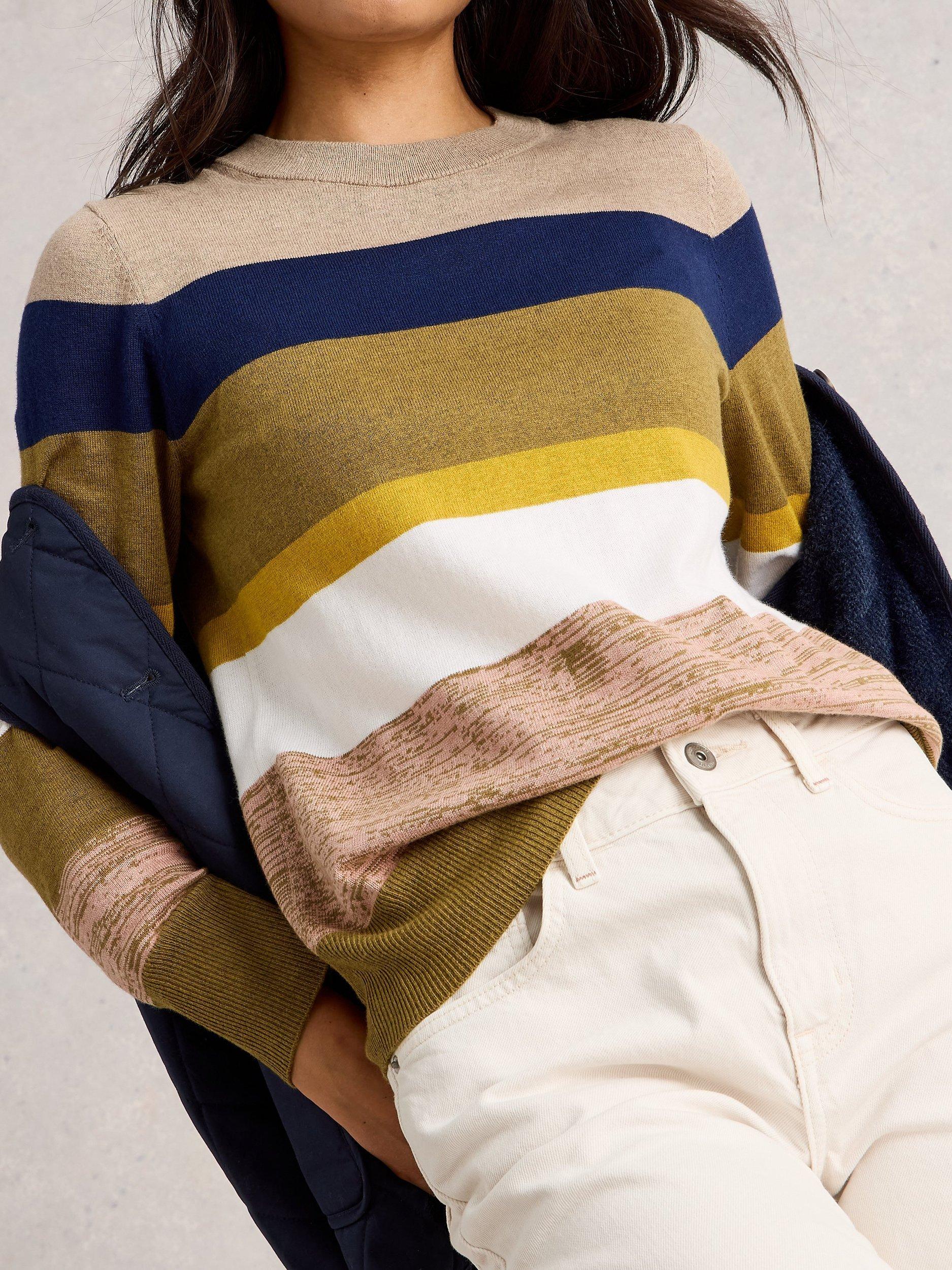 Product image 4 of 6, which shows White Stuff Katie Wool Blend Stripe Long Sleeve Round Neck Jumper, Green/Multi, 6