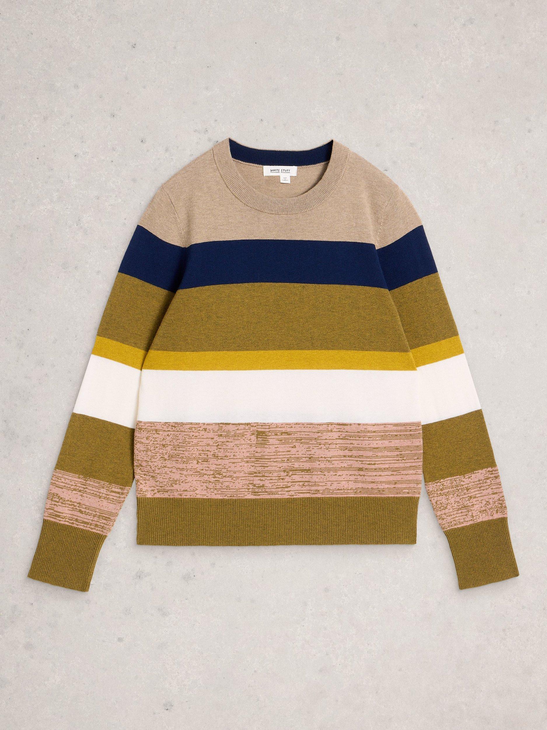 Product image 5 of 6, which shows White Stuff Katie Wool Blend Stripe Long Sleeve Round Neck Jumper, Green/Multi, 6