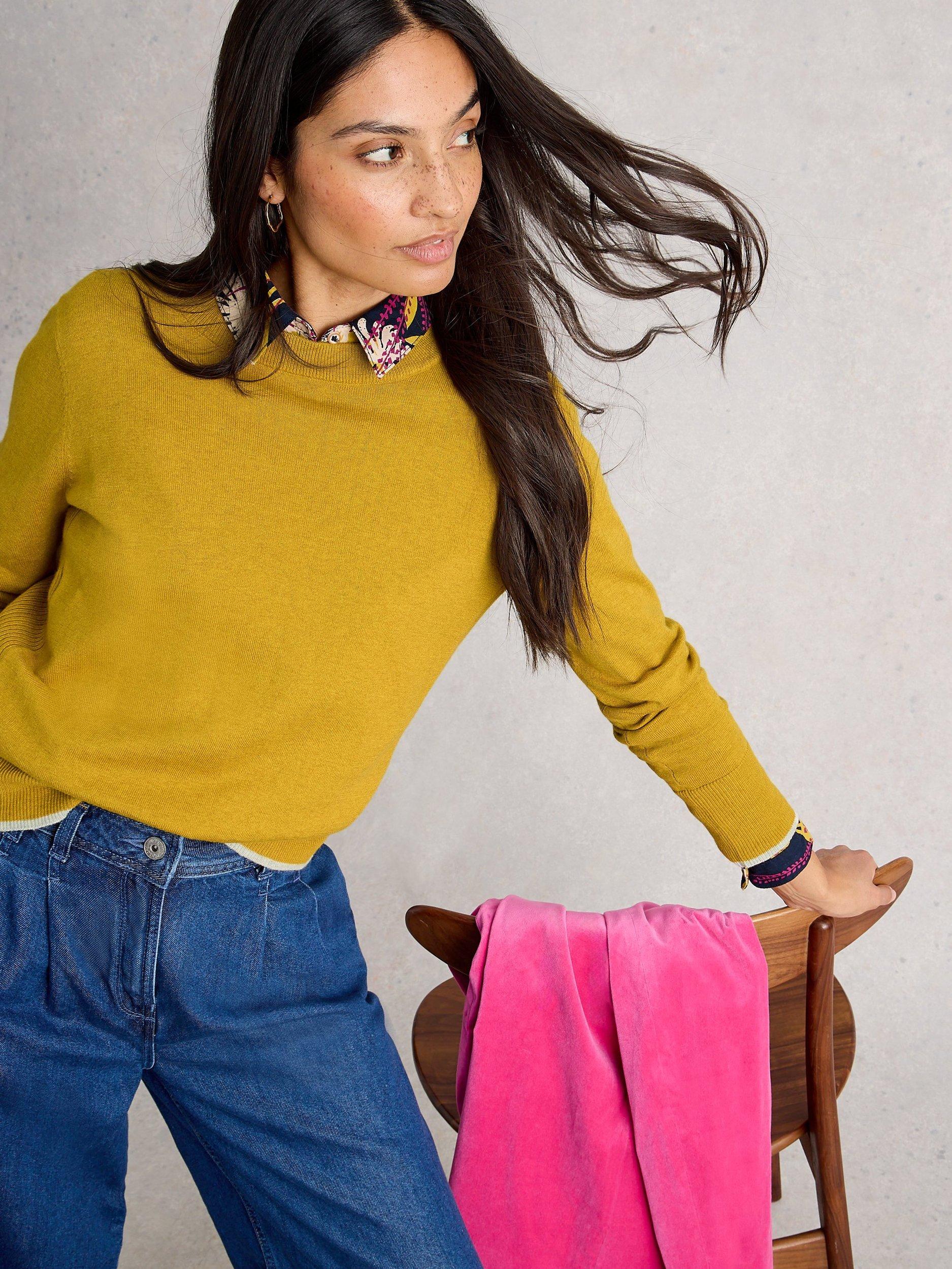 Product image 4 of 6, which shows White Stuff Katie Cotton Blend Long Sleeve Round Neck Jumper, Mid Yellow, 10