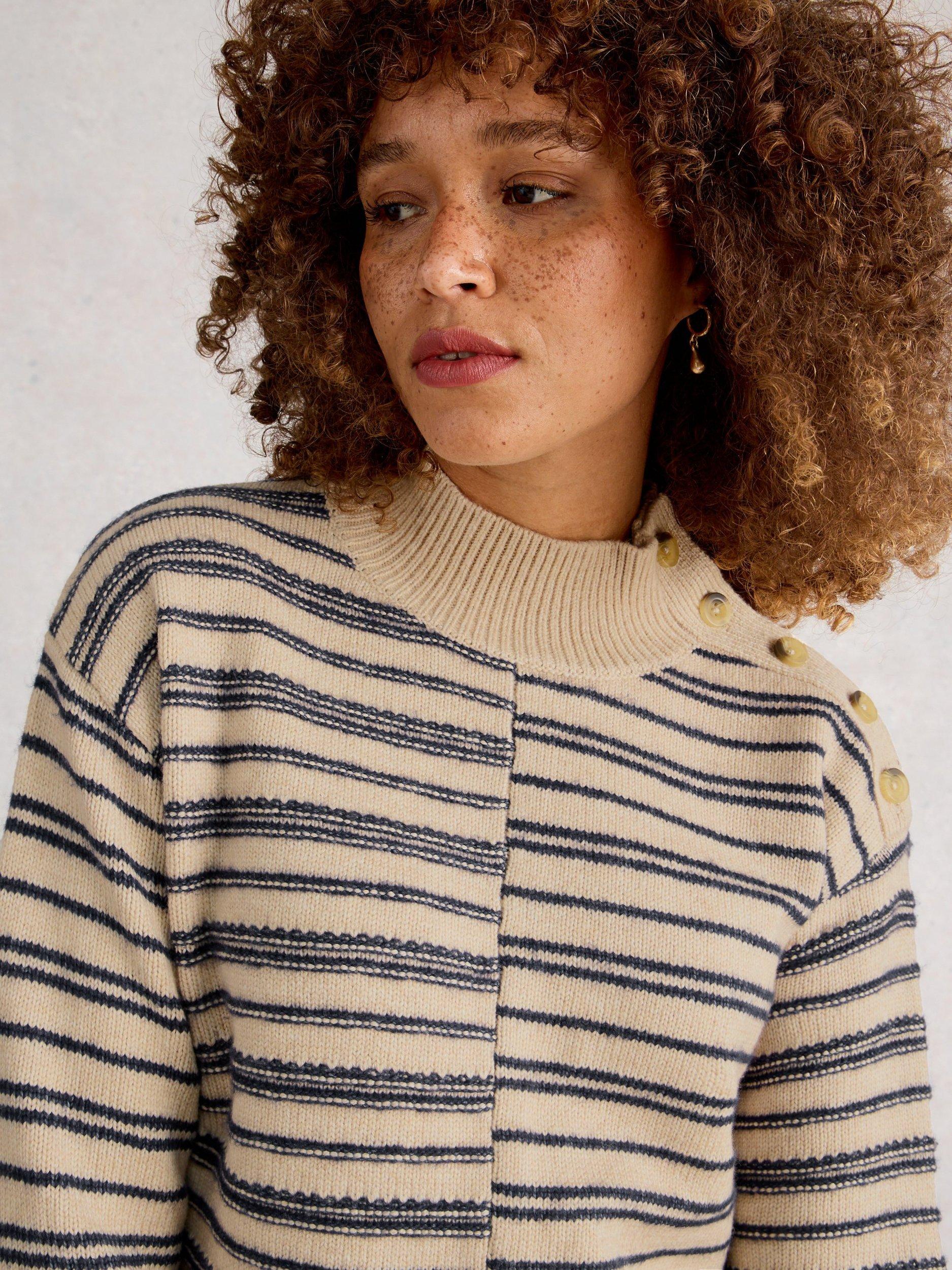 Product image 3 of 6, which shows White Stuff Nat High Neck Striped Cotton Blend Jumper, Natural/Multi, 6