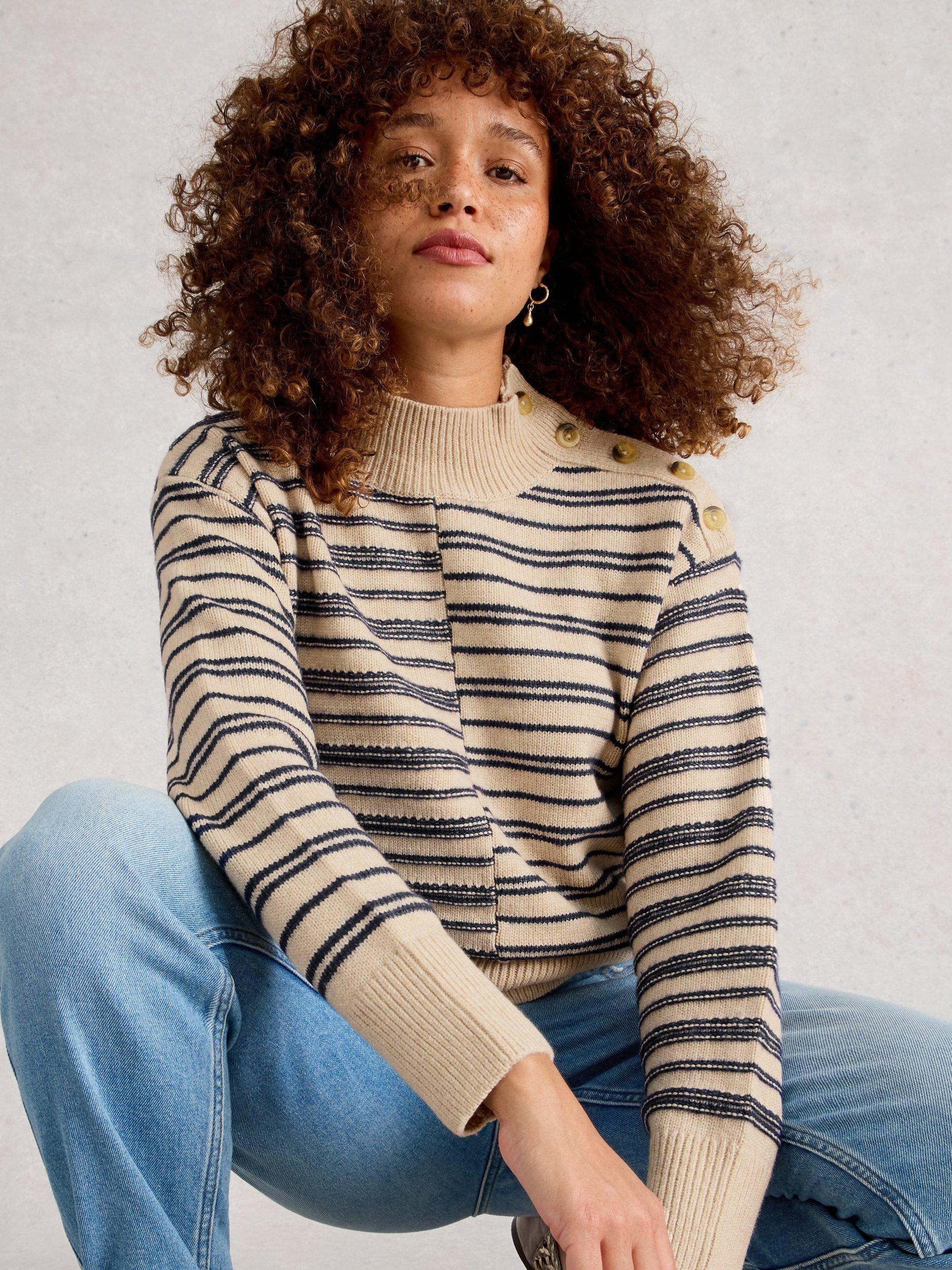 Product image 4 of 6, which shows White Stuff Nat High Neck Striped Cotton Blend Jumper, Natural/Multi, 6