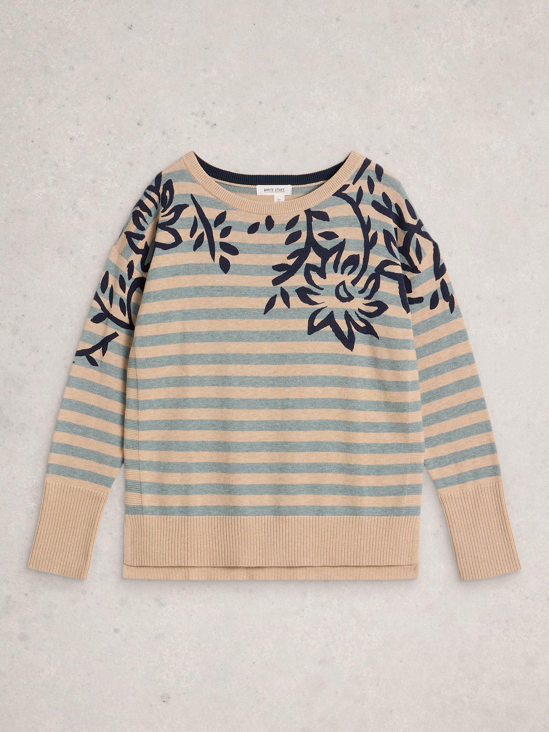 Product image 5 of 6, which shows White Stuff Olive Stripe Floral Jumper, Green/Multi, 8