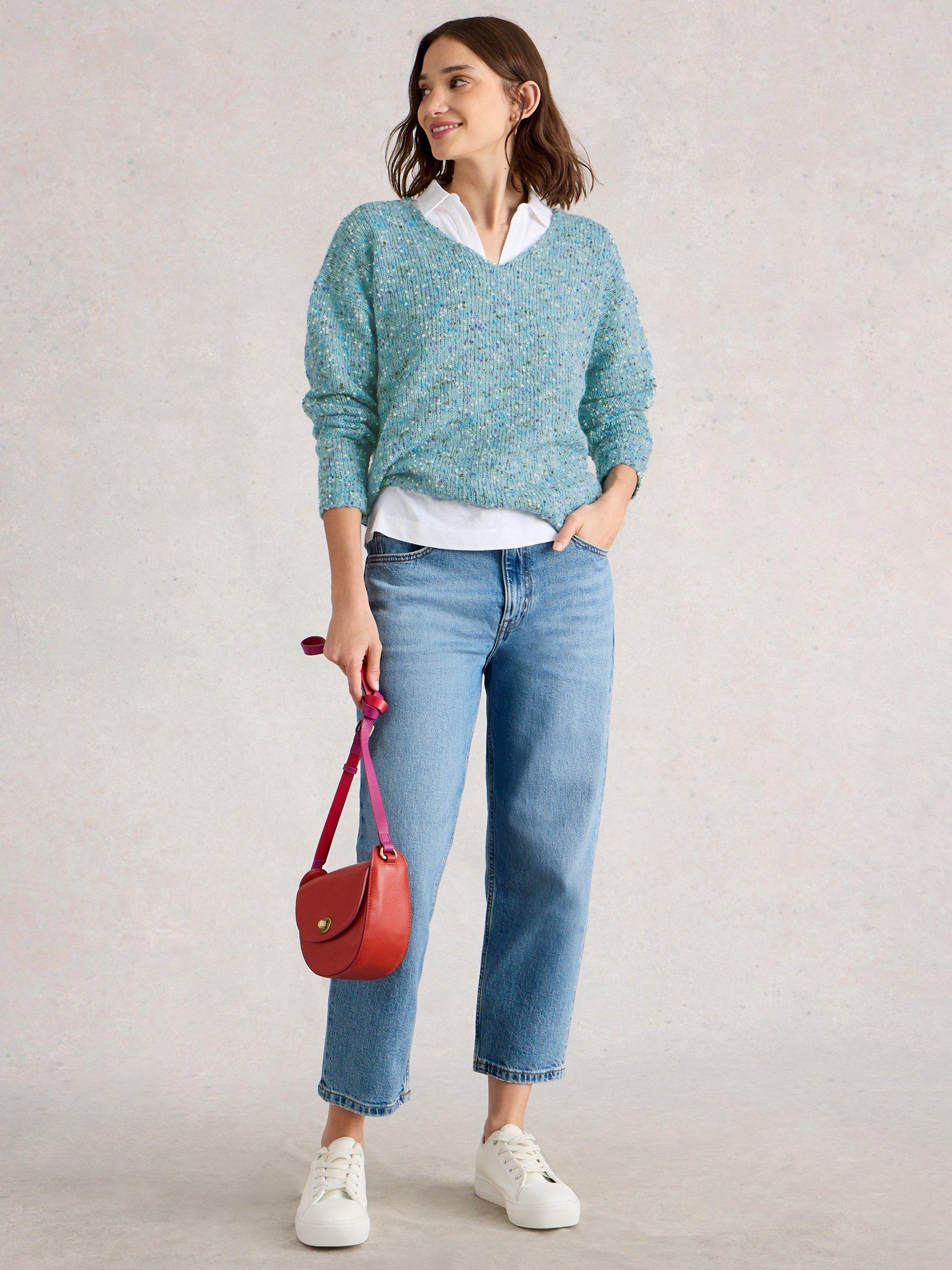 Product image 1 of 6, which shows White Stuff Textured Yarn V-Neck Jumper, Mid Blue, 6